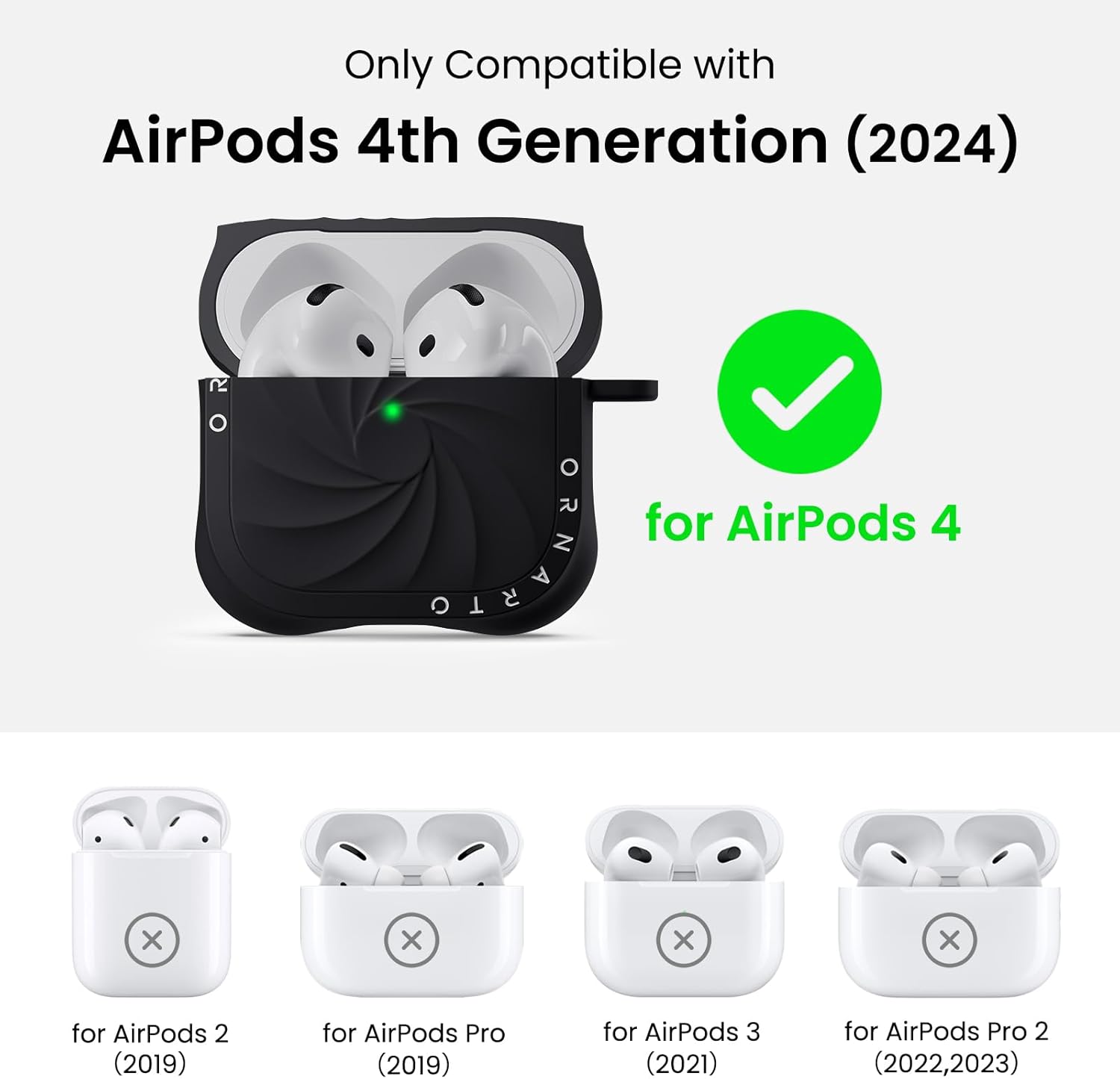 Detalle de ORNARTO Vortuxe Coque en Silicone Liquide pour AirPods 4 (2024) — Protection Militaire 2X MIL-STD, LED Visible, Mousqueton, Noir