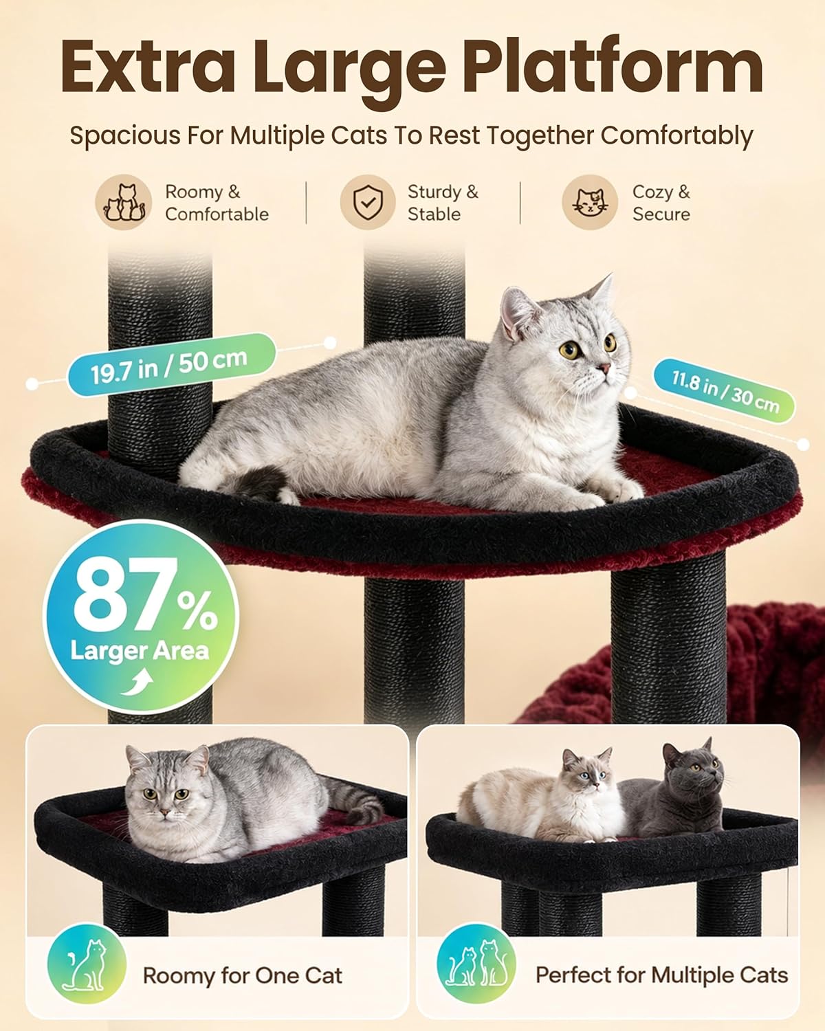 Detalle 2 de Cat Tree Tower for Large Cats Adult - 60 Inch XXL Heavy Duty, Extra Wide Scratching Posts, Condo & Hammock Perch