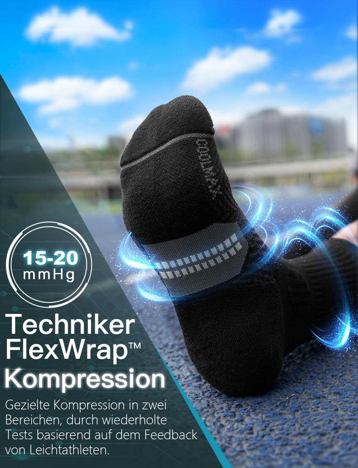 Detalle de Juclise Kompressions-Laufsocken mit Bambus Coolmax – Anti-Blasen, Wandern & Running