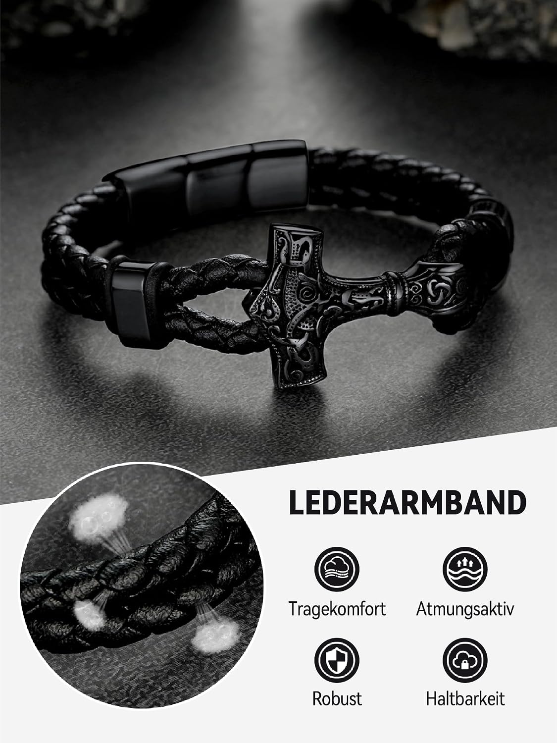 Thumbnail 3 de FaithHeart Lederarmband mit Wikinger-Motiv und Magnetverschluss (21 cm/23 cm) – Wickelarmband aus geflochtenem Kunstleder