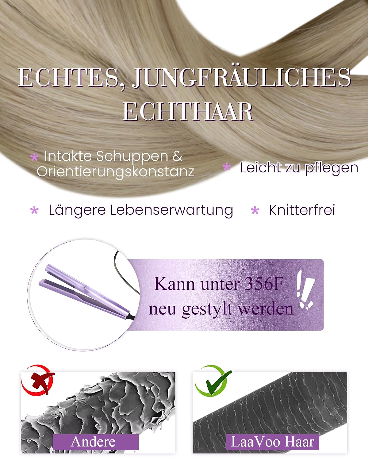 Detalle 2 de LaaVoo Haarverlängerung Echthaar Keratin Blond Platinblond 40 cm, 50 g, 50 Strähnen