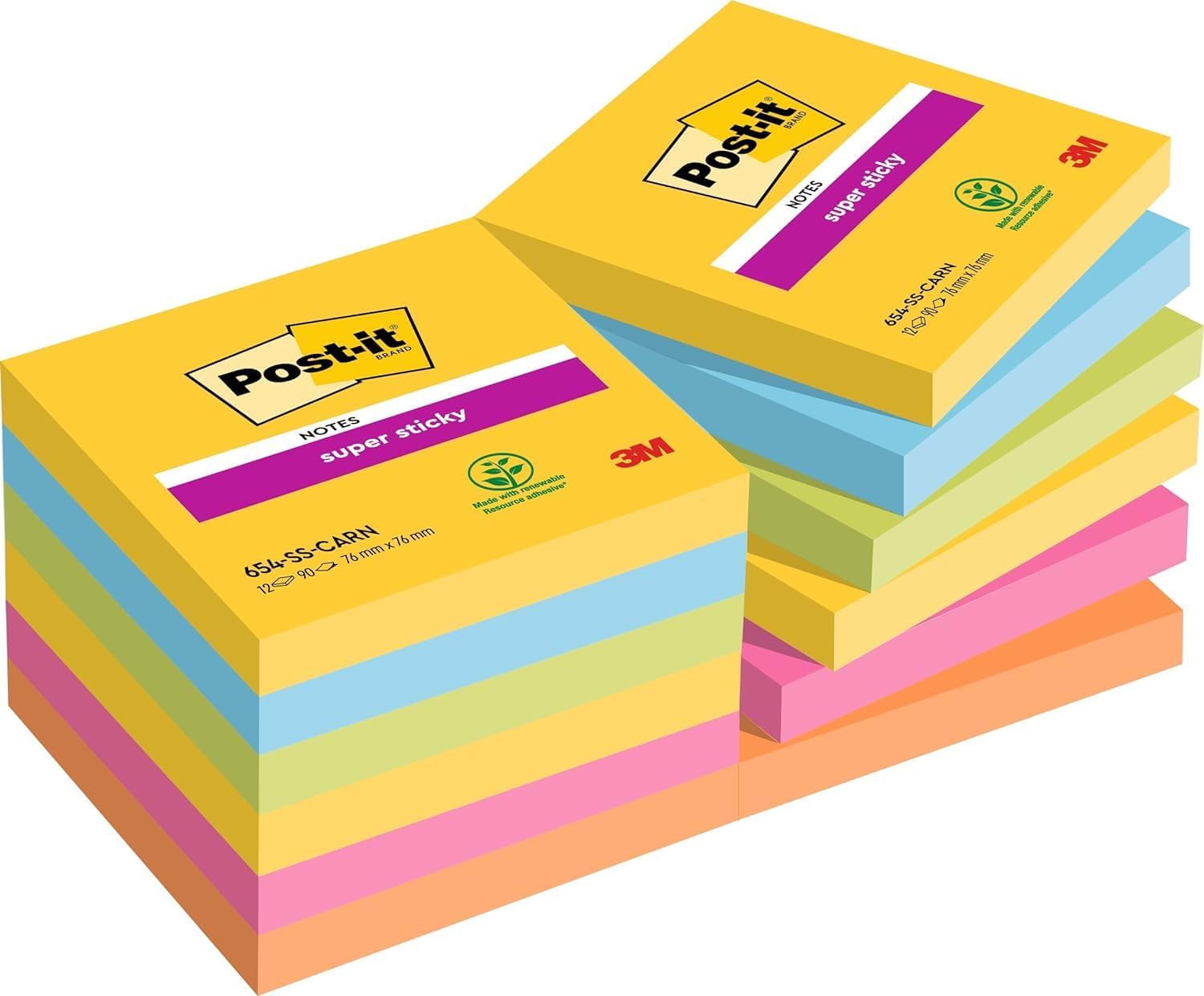 Post-it Foglietti Super Sticky Collezione Carnival – 12 blocchetti, 90 fogli ciascuno, 76 x 76 mm