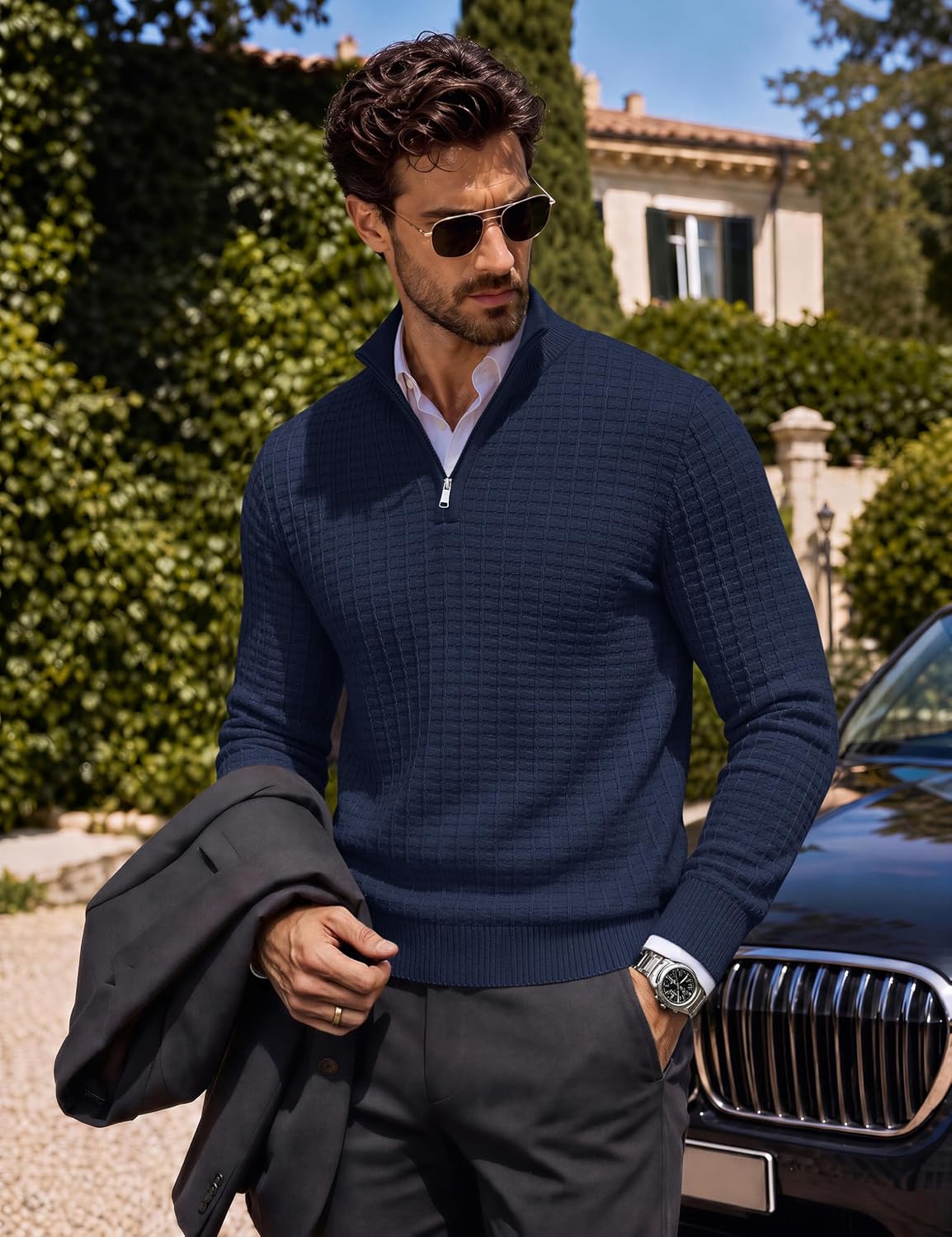 Detalle 2 de TACVASEN Men's Quarter-Zip Sweater, Textured Knit, Mock Neck, Anti-Pilling