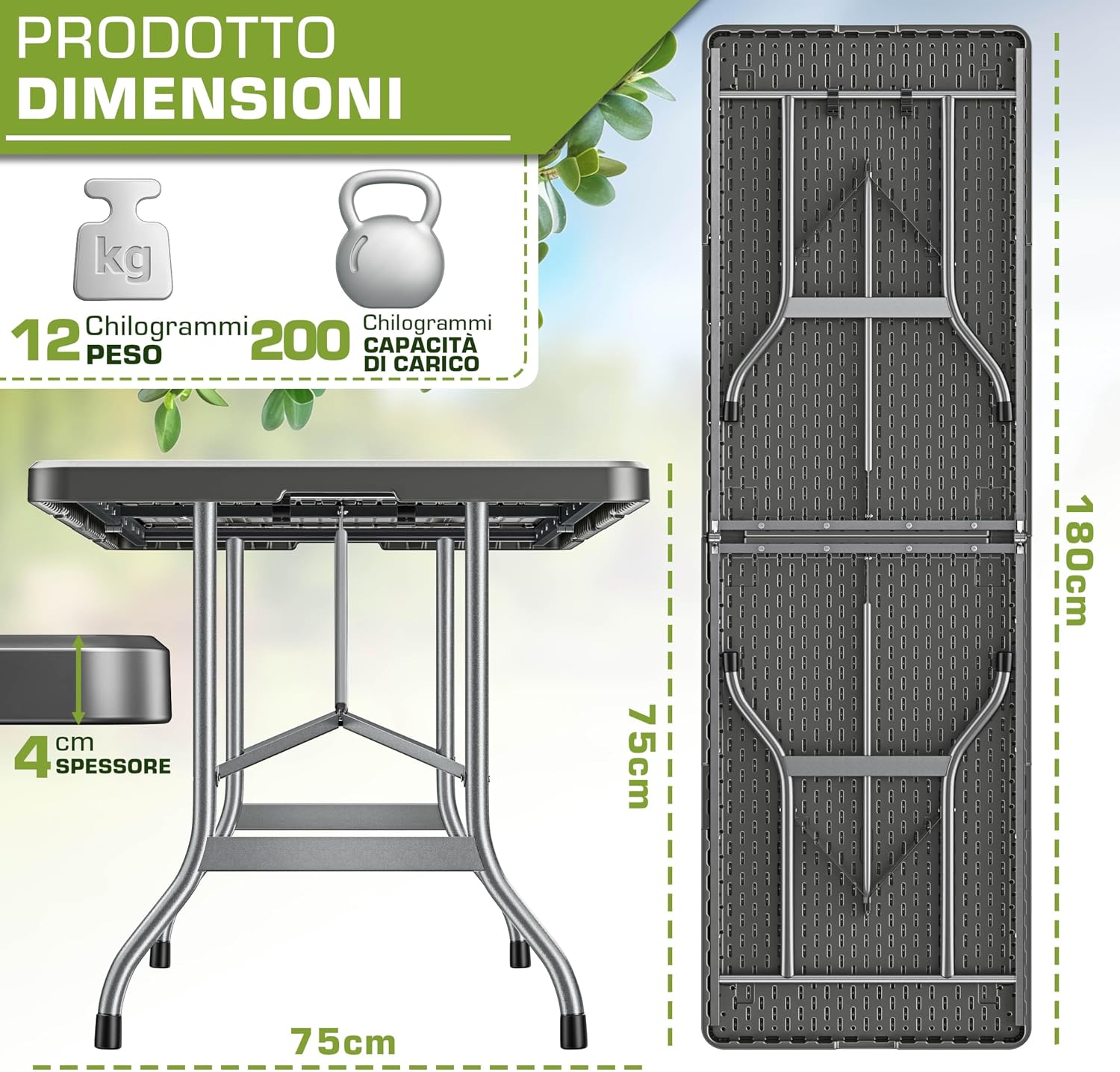 Detalle 2 de tillvex Tavolo da giardino 180x75cm pieghevole