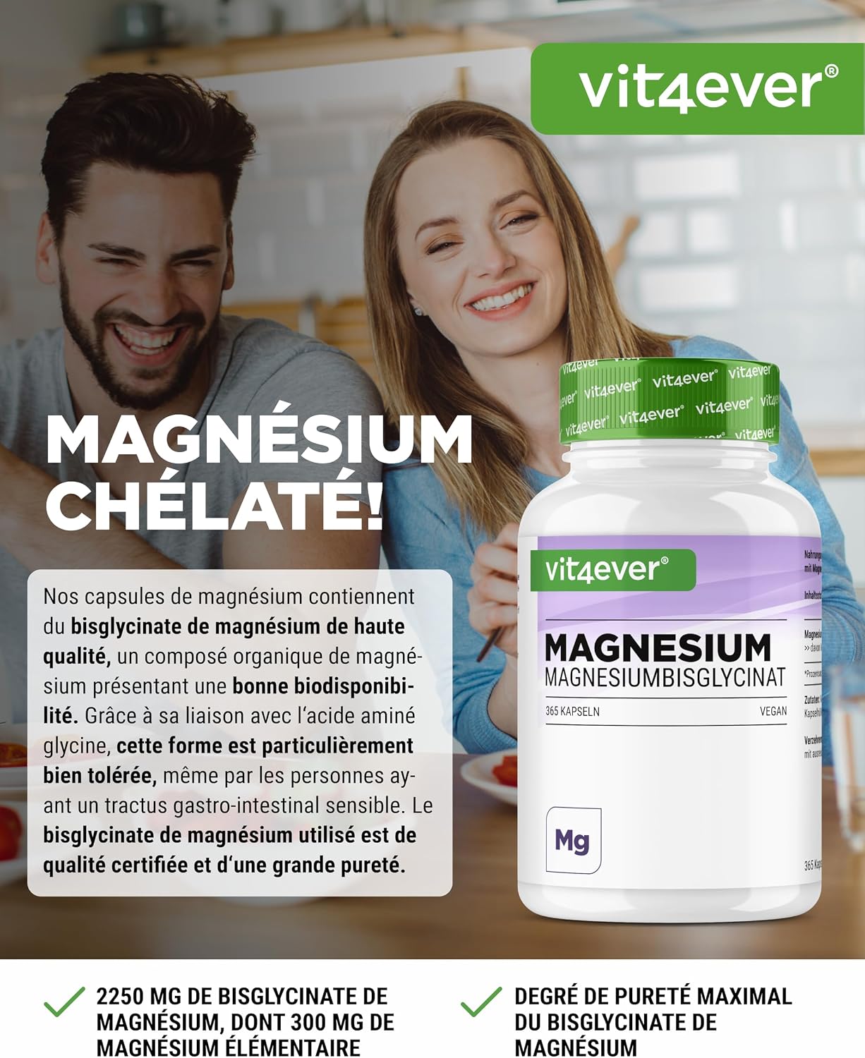 Detalle de Bisglycinate de magnésium 300 mg (3 gélules/jour) – 365 gélules, vegan
