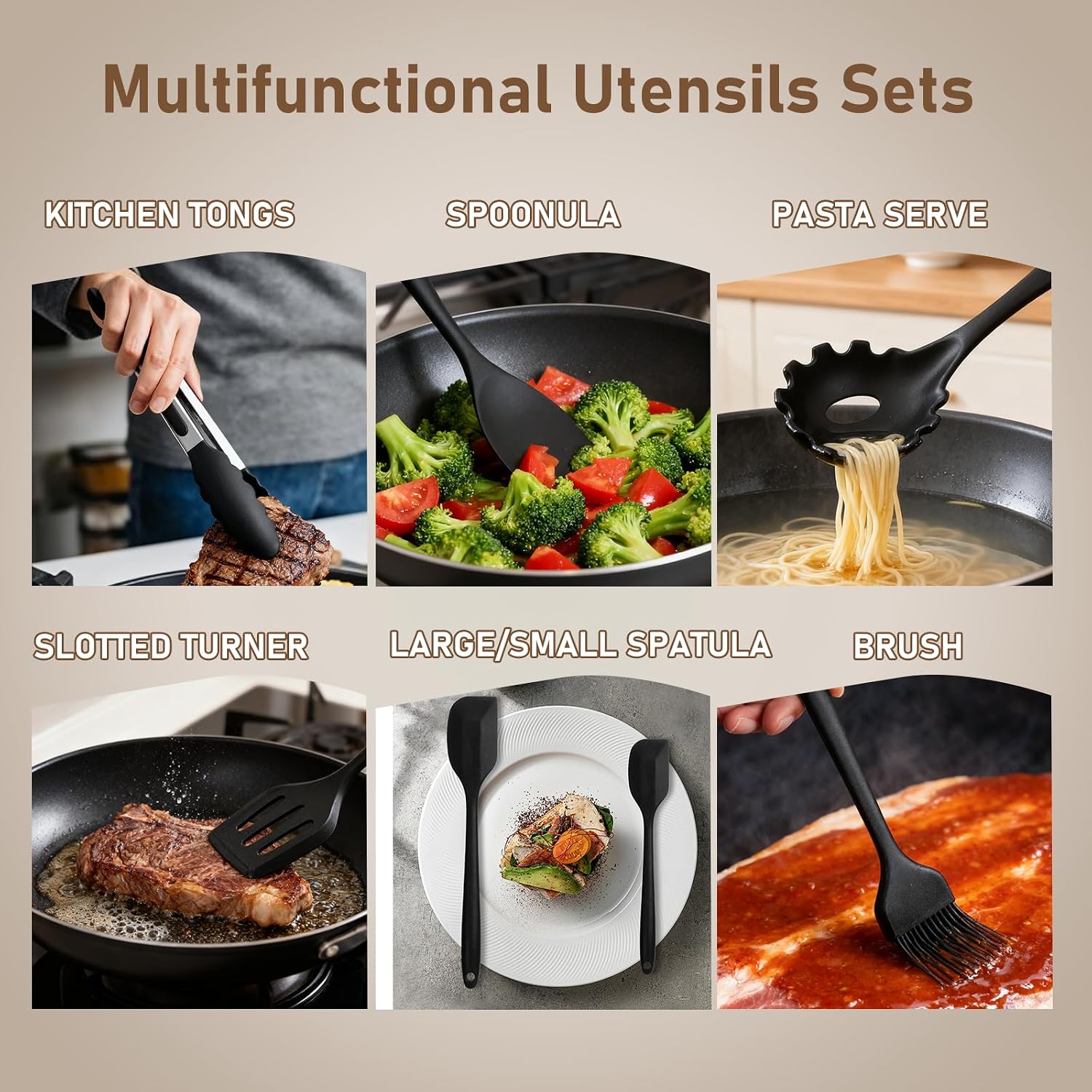 Detalle 1 de VINATO 12-Piece Silicone Kitchen Utensil Set, Black, Dishwasher-Safe
