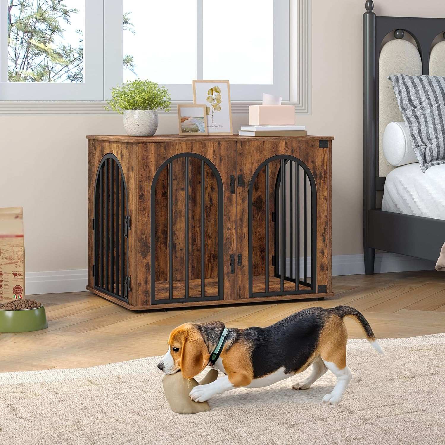 Detalle de Hzuaneri cage pour chiens 80 cm avec 3 portes et arche d’accès DFC85101B (marron rustique)