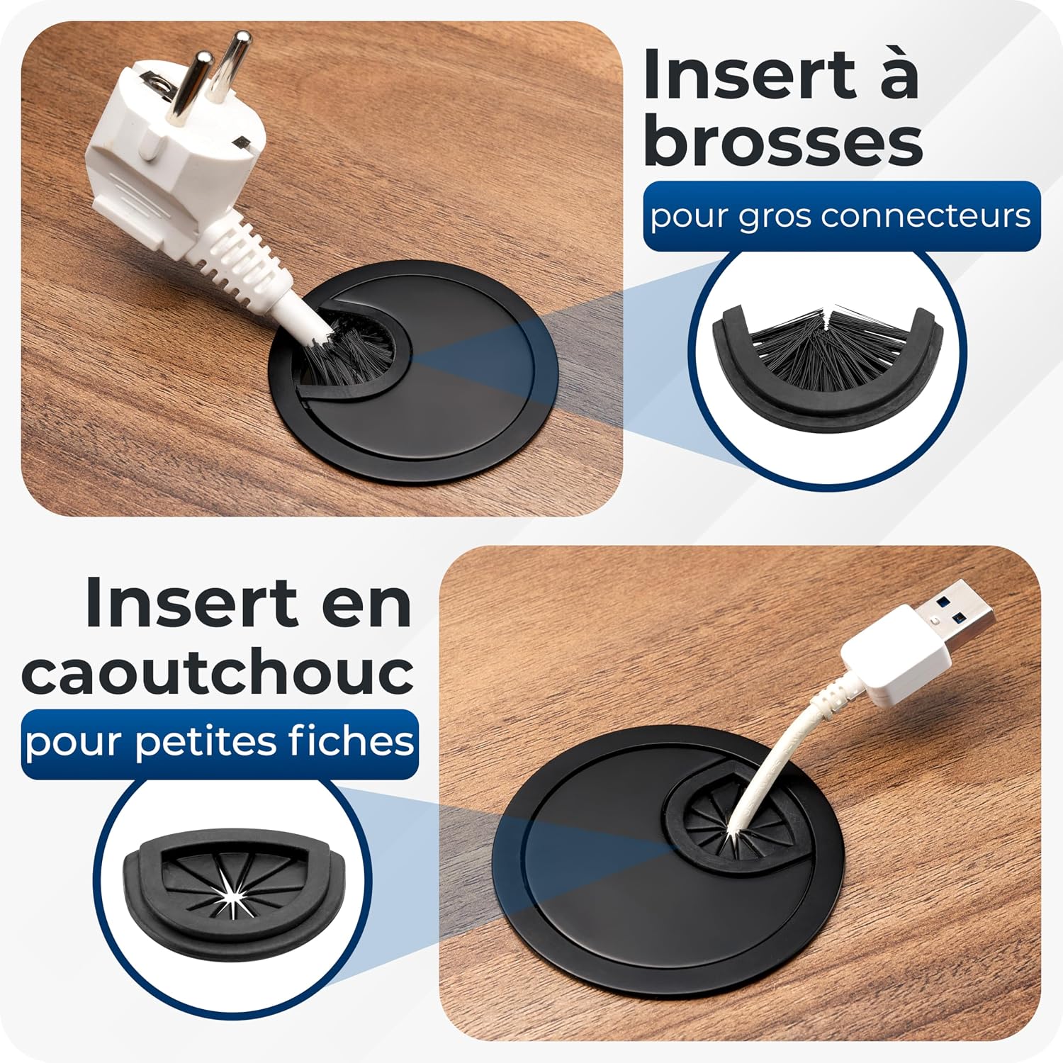 Detalle de BRUCE – Lot de 2 œillets de câble en métal Ø60 mm pour bureau, 2 passages
