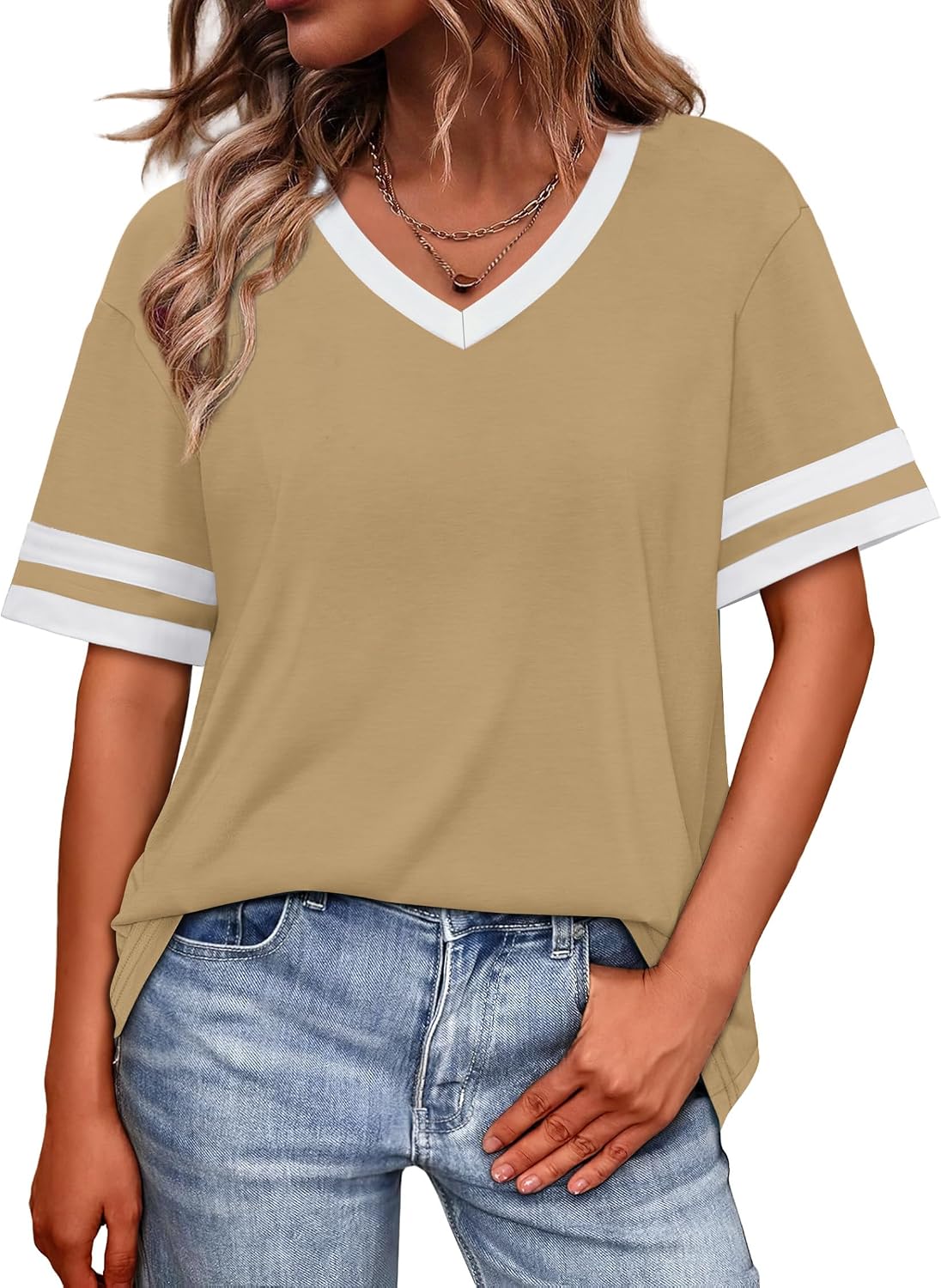 Detalle de WIHOLL Women's Loose Fit V-Neck Color Block T-Shirts (S-4XL)