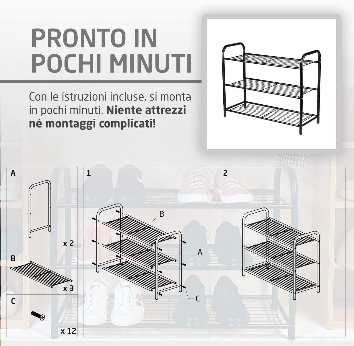 Thumbnail 3 de Amig - Scarpiera in metallo con 3 ripiani per 9 paia (65 x 25 x 53,5 cm) – Nero opaco