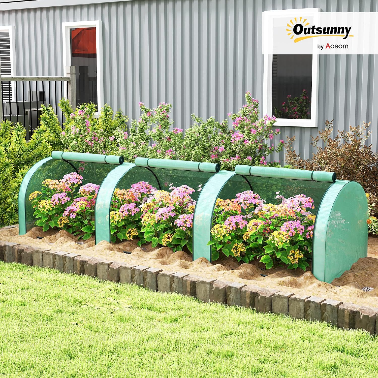 Detalle de Outsunny 845-234V06GN mini-tunnelkas met 3 oprolbare deuren en PE-zeil