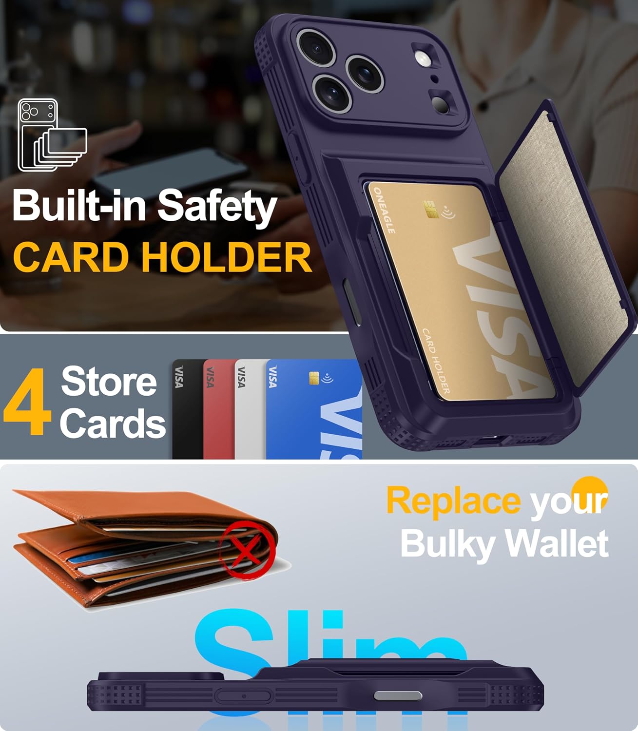 Detalle de Oneagle iPhone 17 Pro Max Wallet Case with RFID Blocking and Kickstand