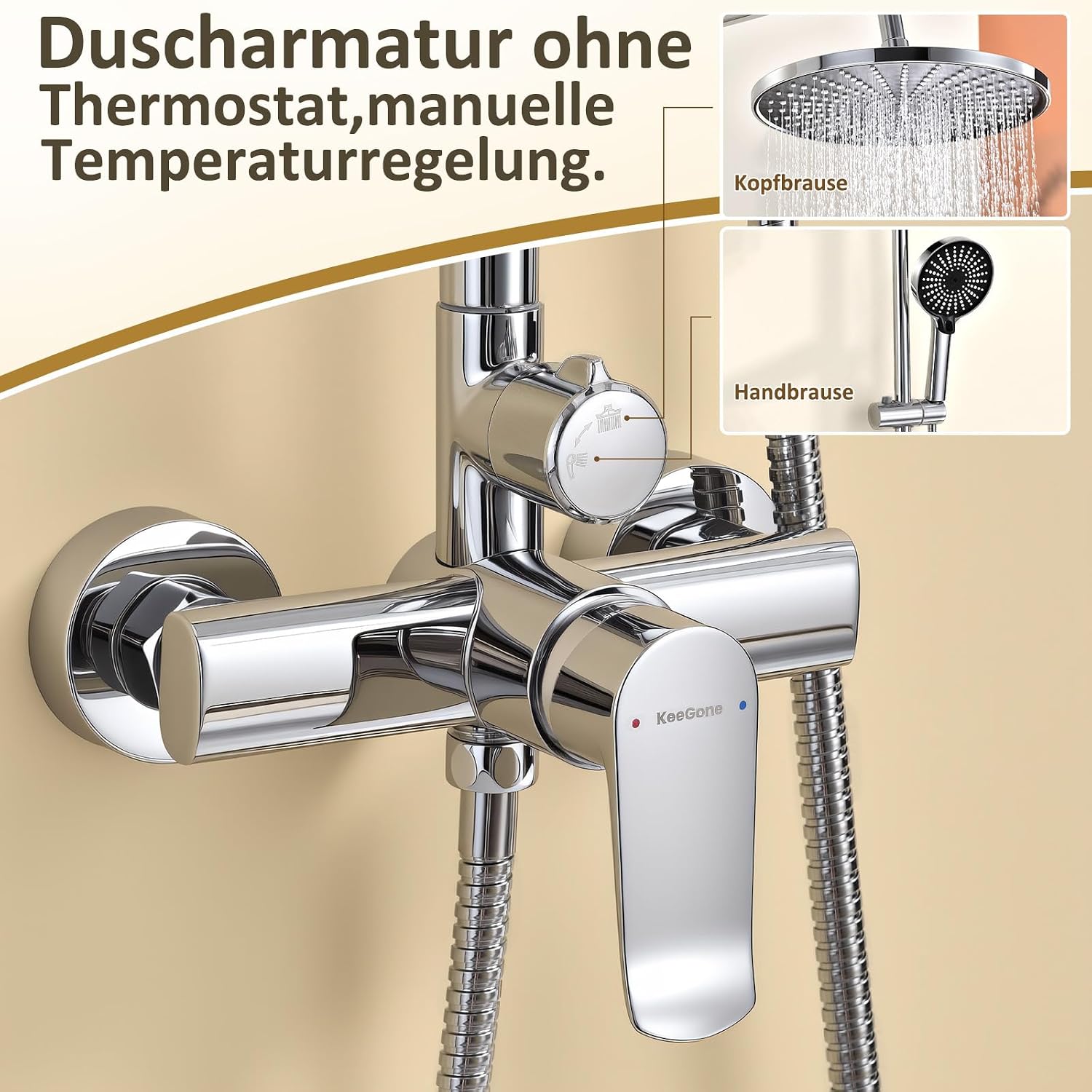 Detalle de KeeGone Duschsystem mit höhenverstellbarer Armatur, 26 cm Regendusche & 3-funktion Handbrause (ohne Thermostat)