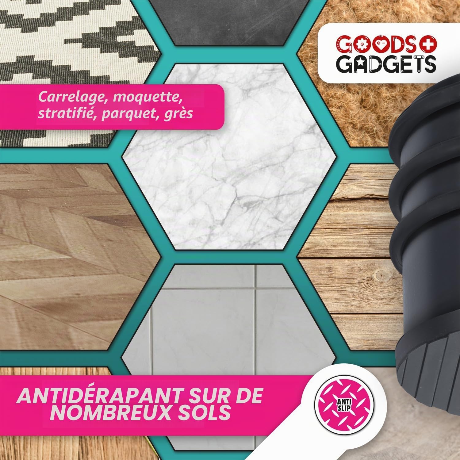 Detalle de GOODS+GADGETS® Butée de Porte en Inox – Lot de 4 (1,2 kg) sans Perçage, base caoutchouc antidérapante – Noir mat