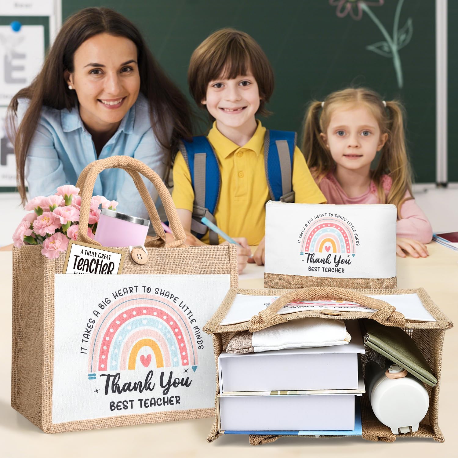 Detalle de iZoeL Thank You Teacher Gifts Set: Jute Tote, Cards & Keyring