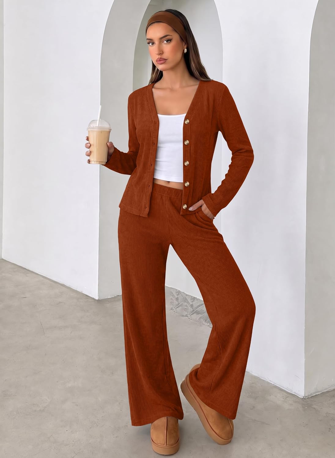 Detalle de WIHOLL Women's Loungewear Set, Ribbed Knit