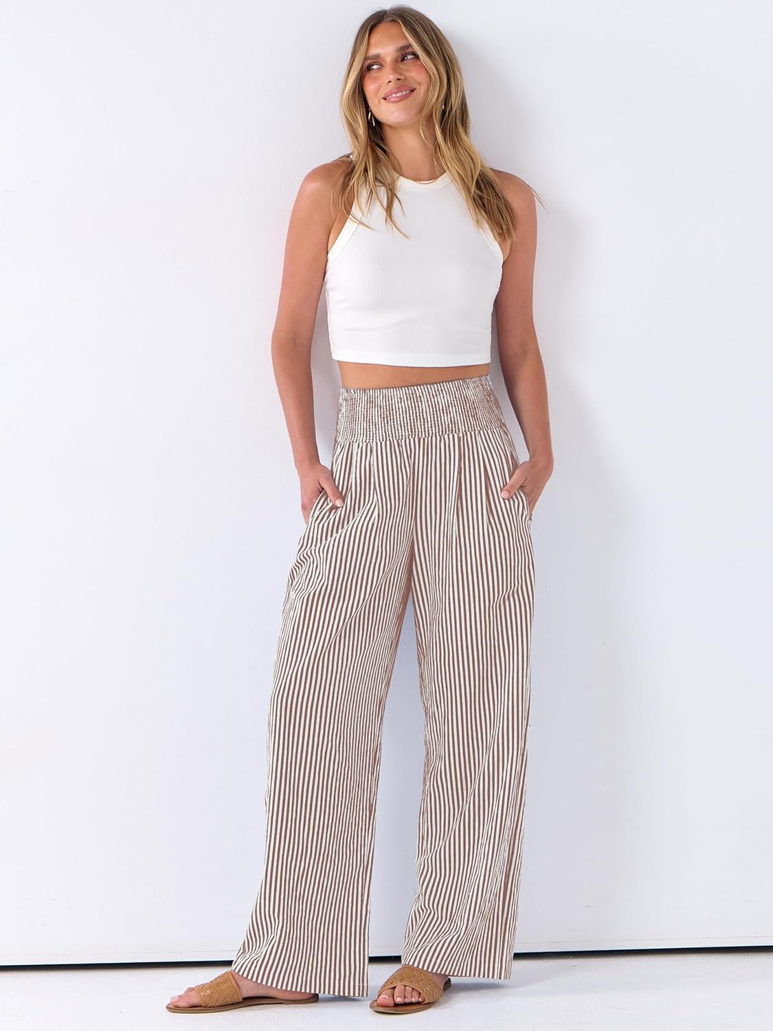 Thumbnail 2 de ANRABESS Gingham Plaid Palazzo Pants for Women – High-Wlex Wide-Leg Loungewear with Smocked Waist
