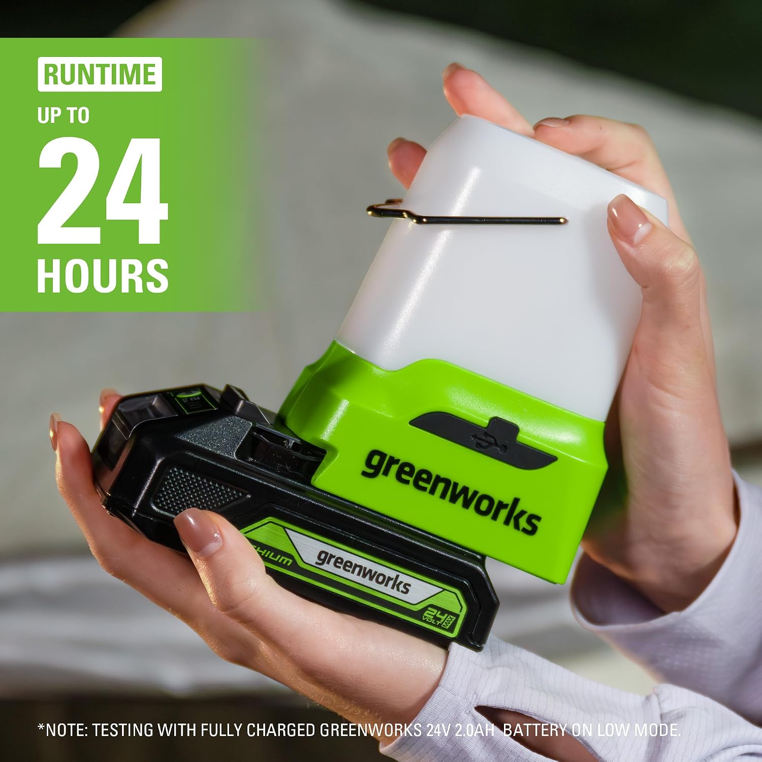 Detalle 2 de Greenworks G24LA500 lantern and camping light with hanging hook (500 lumens) – USB and Type C outputs (tool-only)