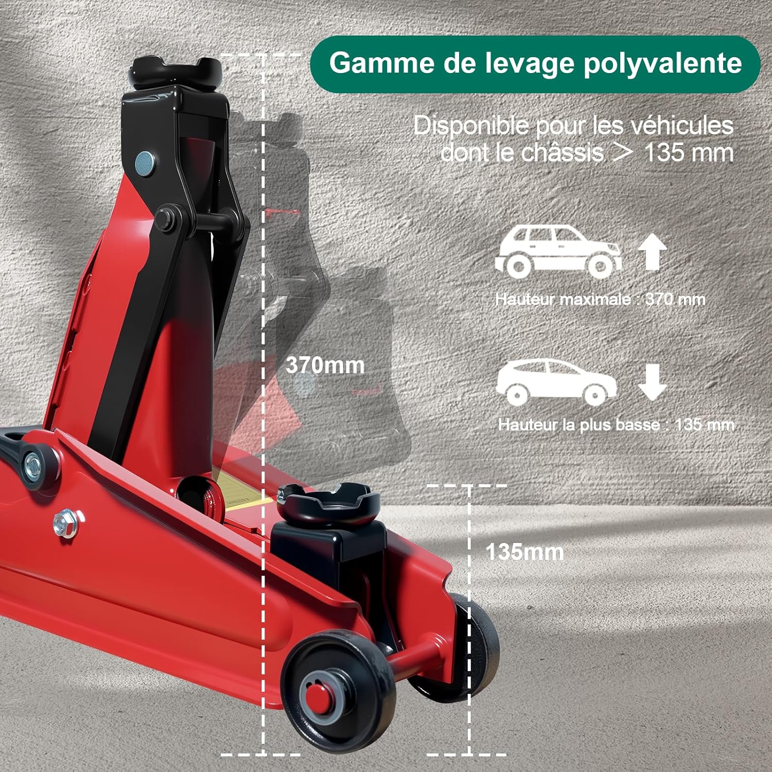 Thumbnail 2 de HYCHIKA Cric hydraulique 3T professionnel avec roue pivotante 360° — levage 135 à 370 mm