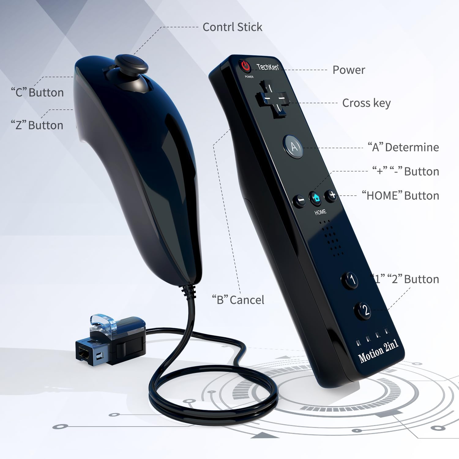 Thumbnail 1 de TechKen Wii Nunchuk Remote with Motion Plus (2 Sets) – Black