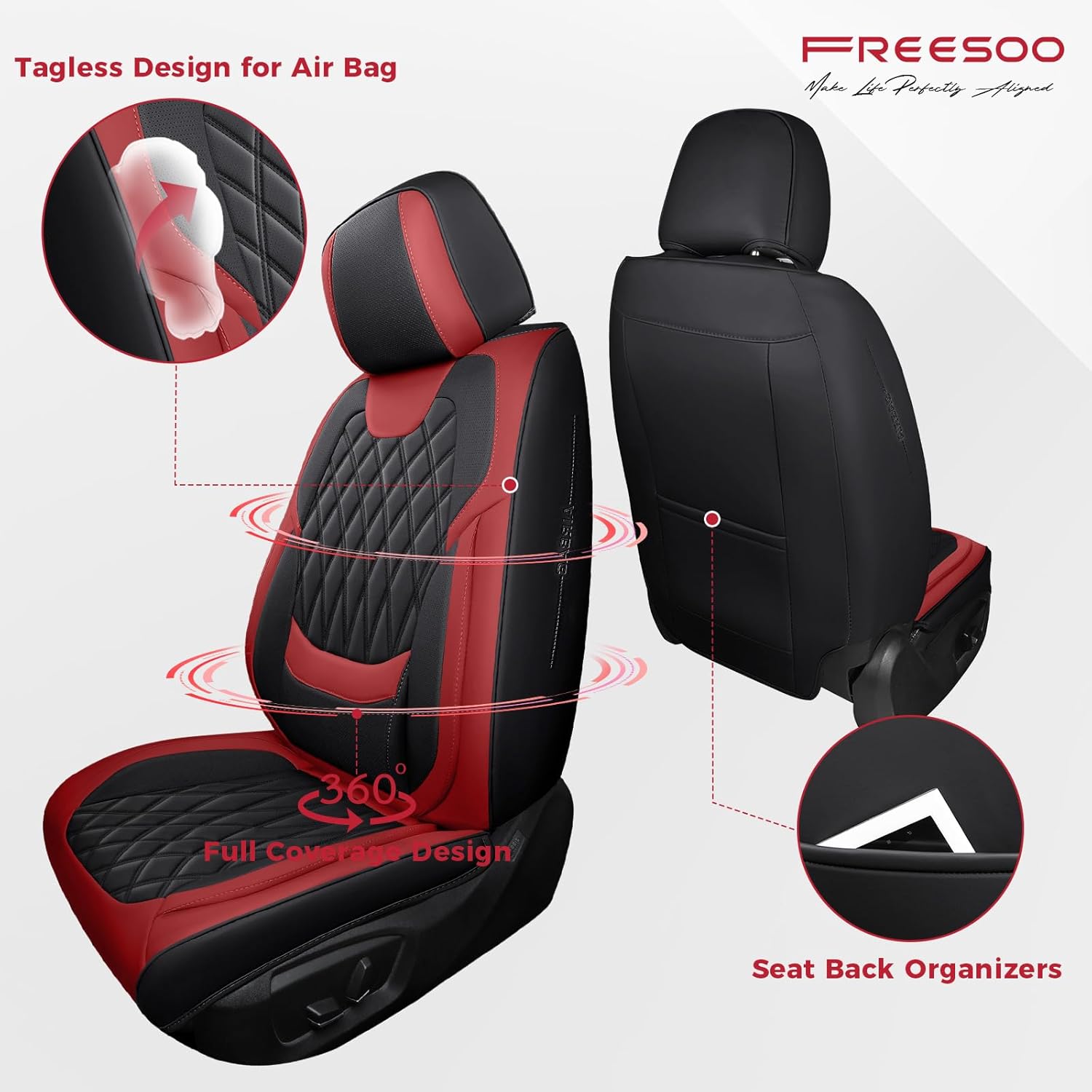 Thumbnail 1 de FREESOO Black Red Car Seat Covers Full Set (Faux Nappa Leatherette) with Lumbar Support
