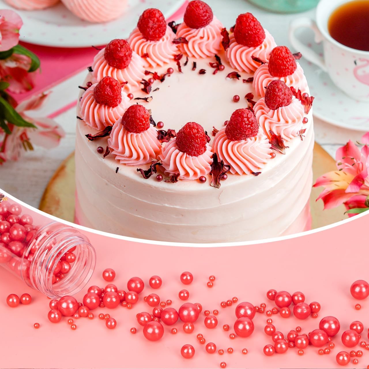 Detalle 2 de Twisweet Red Sugar Pearls, 130 g Edible Cake Sprinkles in Mixed Sizes