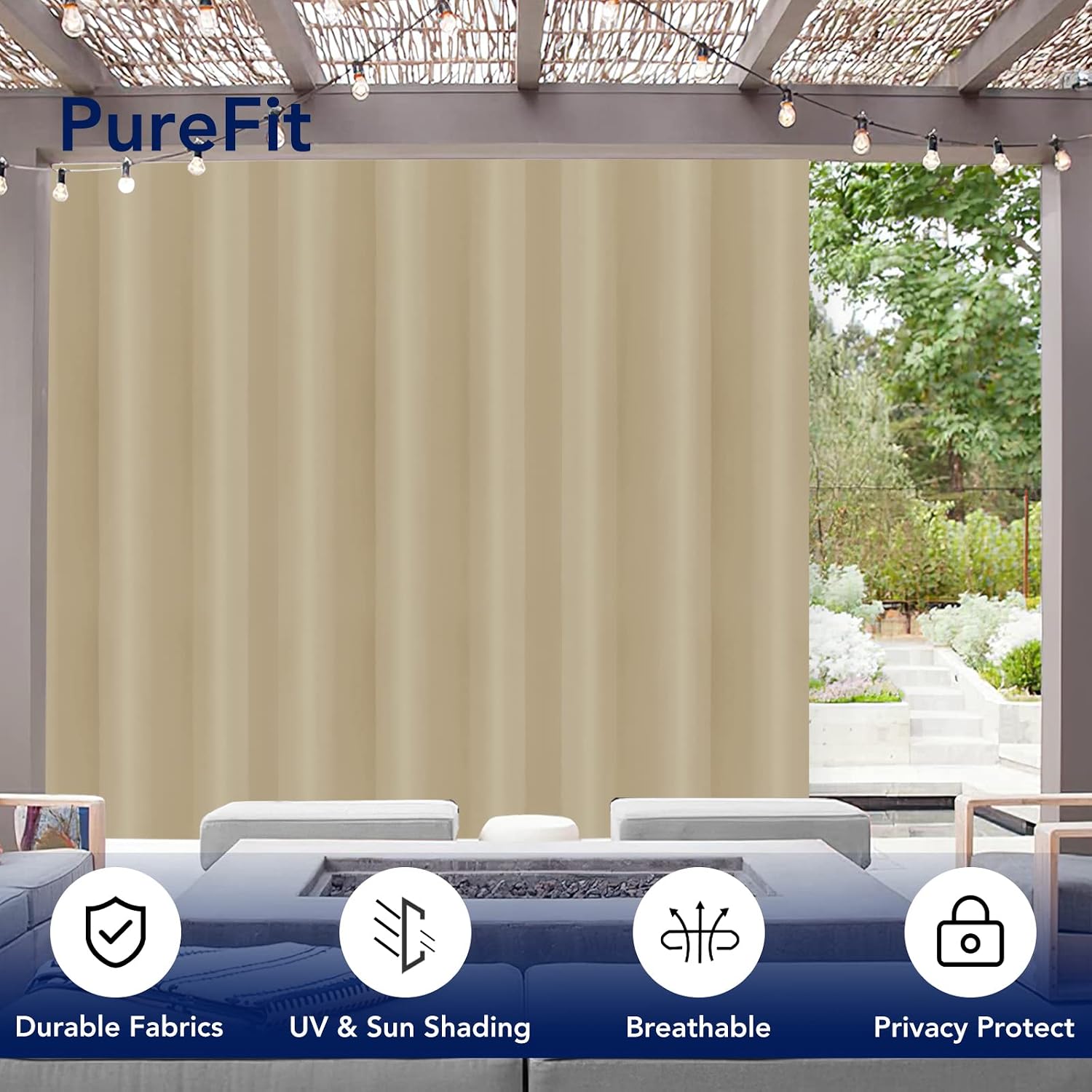 Detalle de PureFit 1 Outdoor Curtain Panel, 120 x 84 Inches, Waterproof Beige Polyester