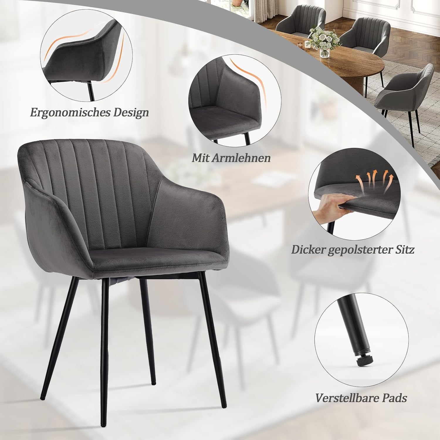 Thumbnail 4 de Goeurvant Set Sedie Cucina da 4 con Bracciolo in Velluto Grigio Scuro – Comfort ed Eleganza per la Sala da Pranzo