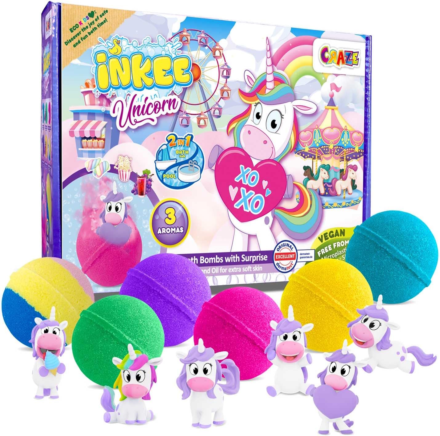 Detalle de INKEE Geschenkbox Unicorn – Box mit 6 Badebomben für Kinder mit Überraschung