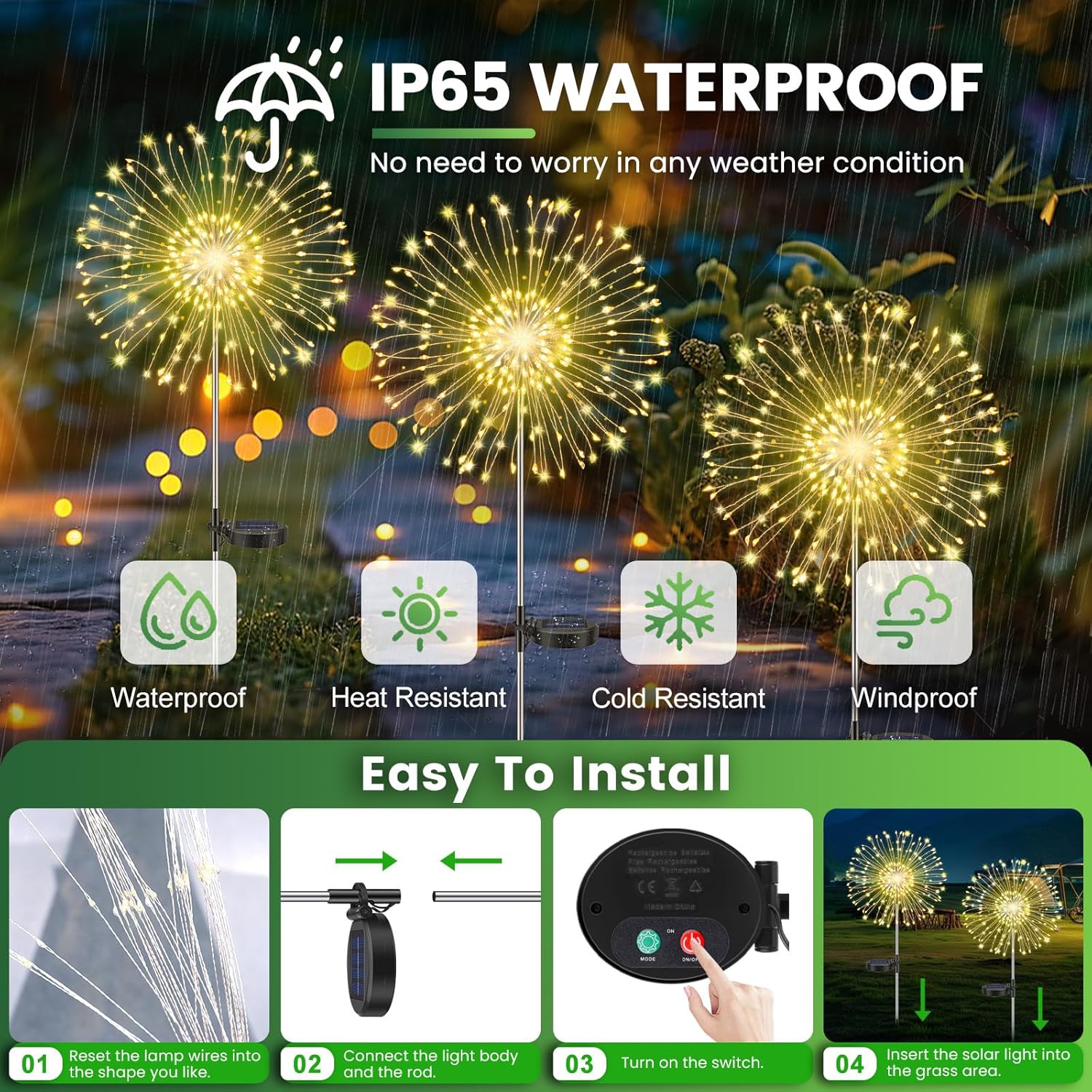 Thumbnail 4 de Pack of 4 Solar Lights Outdoor Garden – Dandelion Solar Firework Lights, 120 LEDs, 8 Modes, IP65 Waterproof