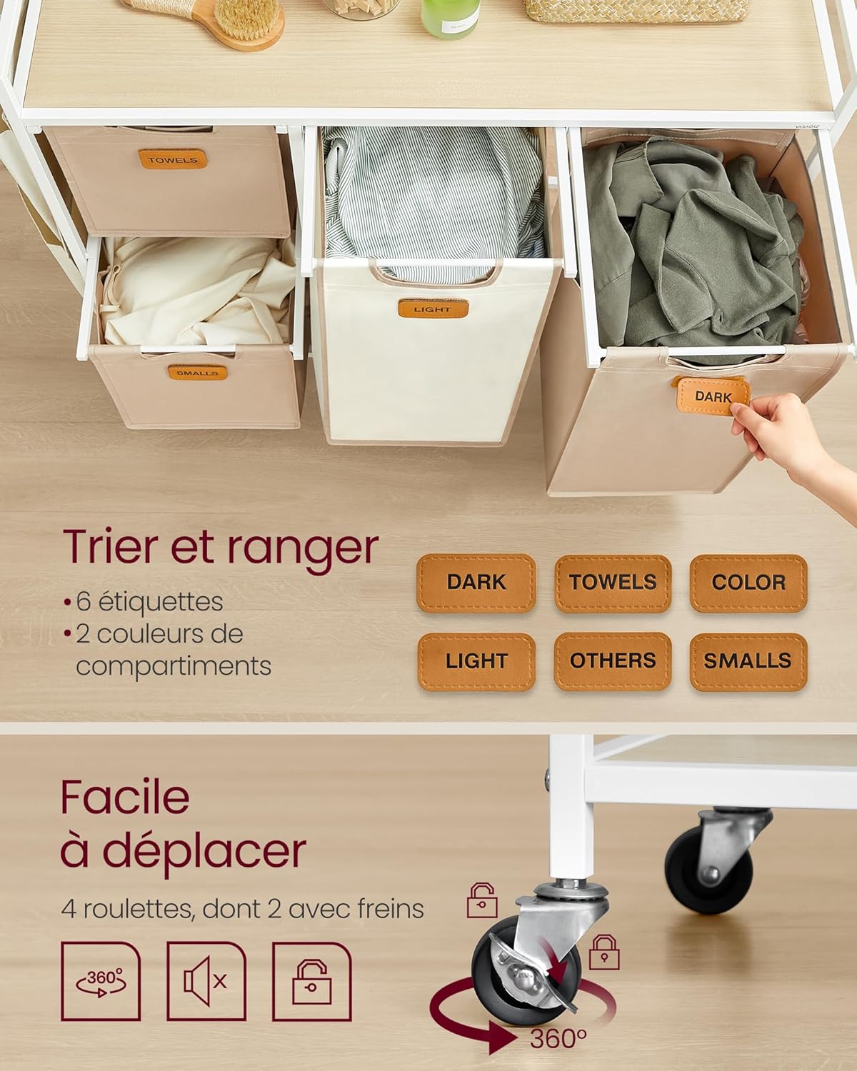 Detalle de VASAGLE Panier à Linge 4 Compartiments – Chariot mobile 150 L avec Étagères et Roulettes
