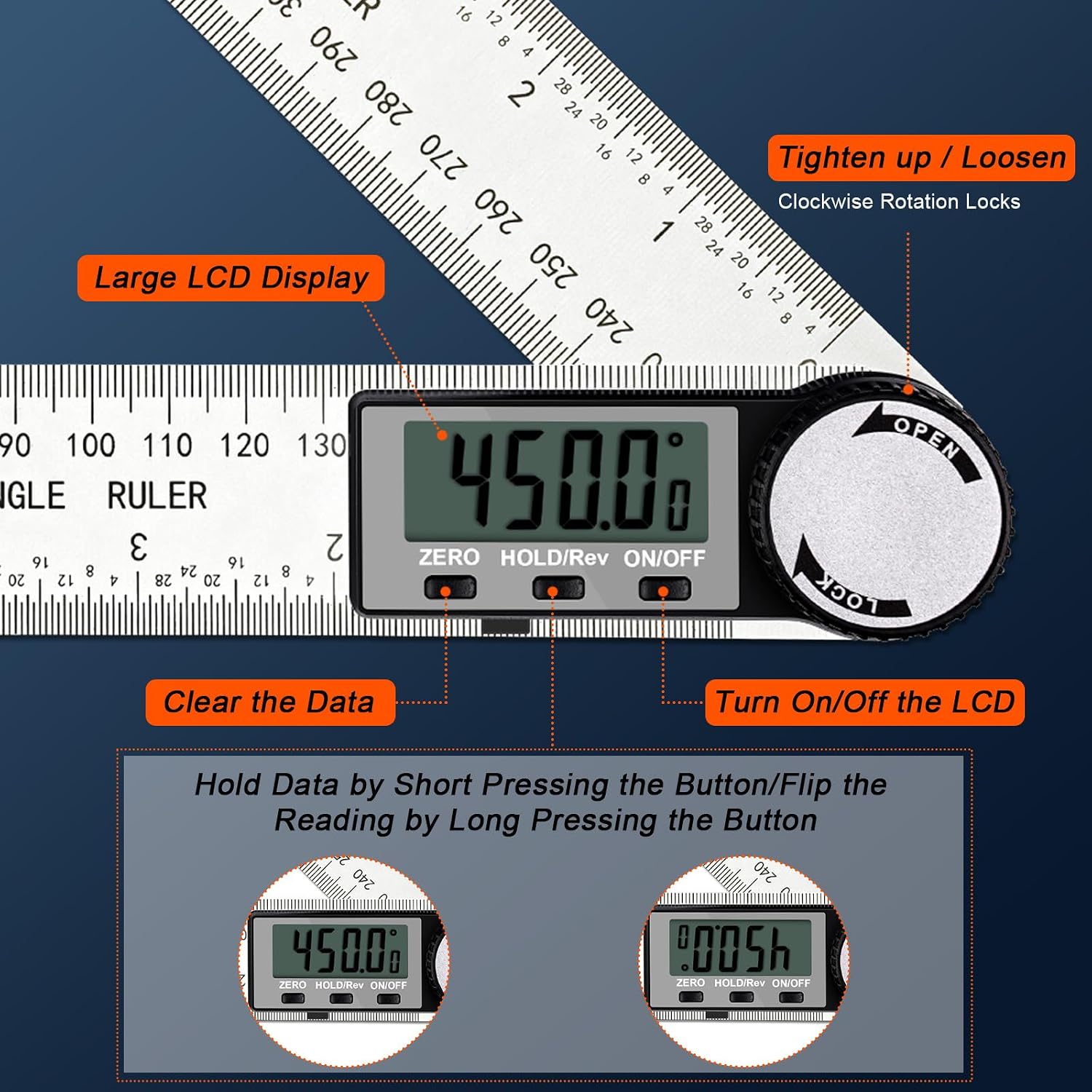 Detalle de Digital Angle Finder 0-360° — Stainless Steel Protractor with LCD Display