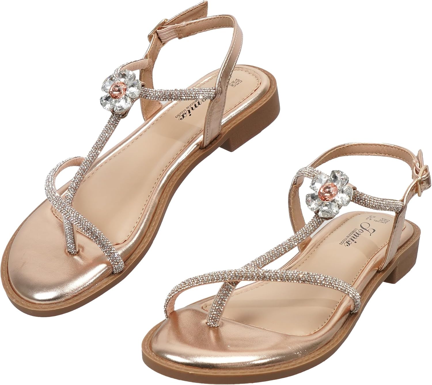 Thumbnail 6 de JOMIX Sandali Donna Piatti con Strass e Fiore, Fibbia Regolabile, Tacco Basso Quadrato – Eleganza confortevole per estate