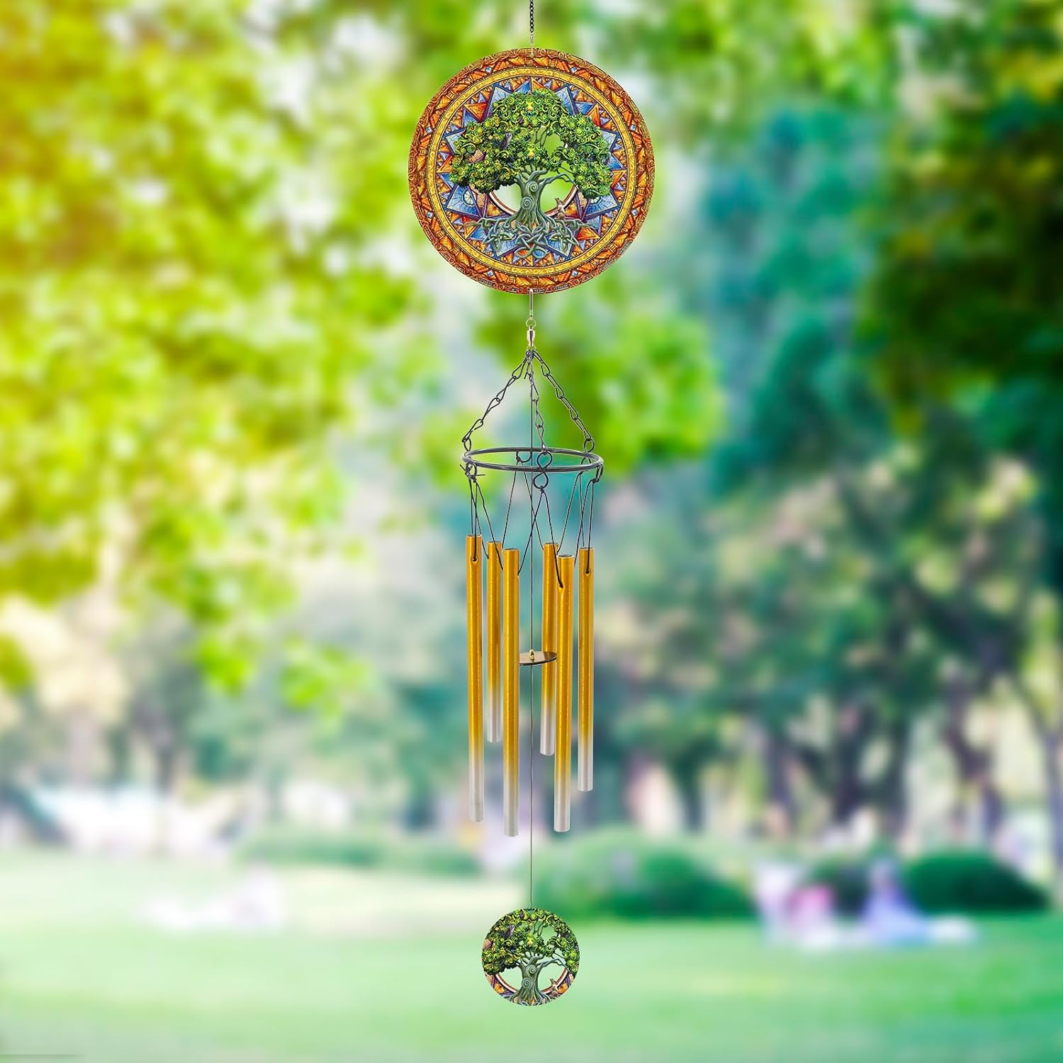 Detalle 2 de Windspiel mit Baum des Lebens Wind Spinner aus Edelstahl & Aluminium – dekorativer Outdoor-Hänger für Garten, Terrasse & Veranda