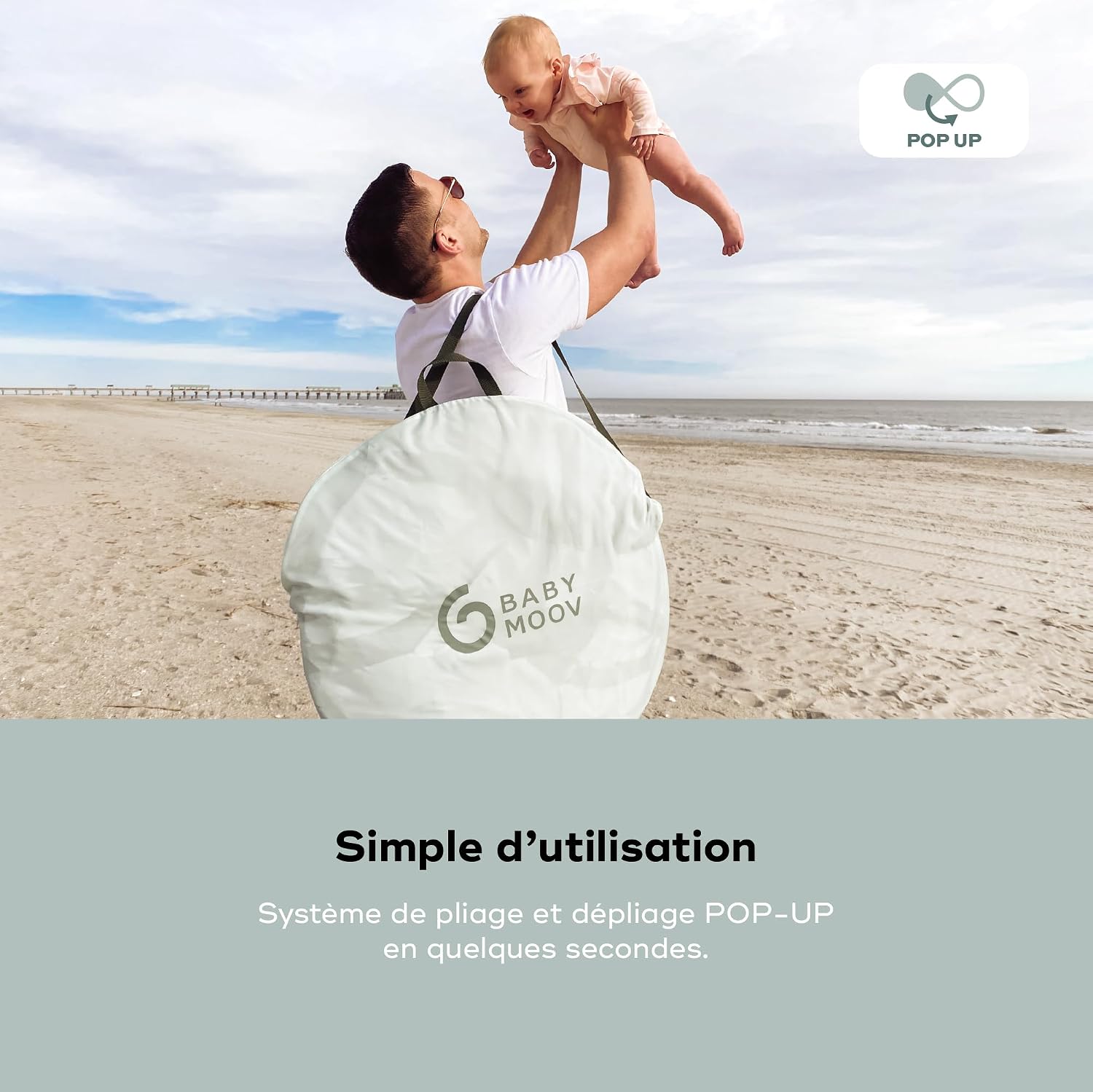 Detalle 2 de Babymoov Tente Anti-UV Bébé rafraîchissante Moov & Protect (UPF 50+, Pop-Up) – Grande tente de plage avec moustiquaire