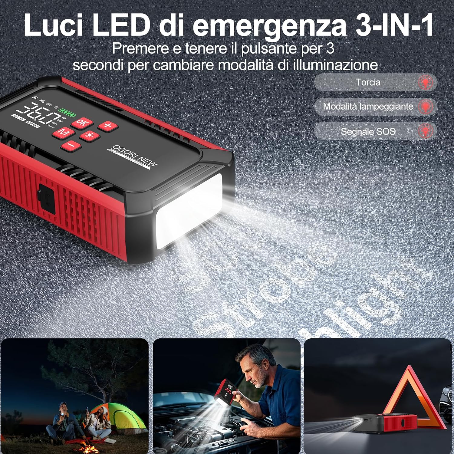 Detalle de OGORI NEW Booster Avviamento Auto portatile 6000A con compressore aria, torcia LED e display LCD