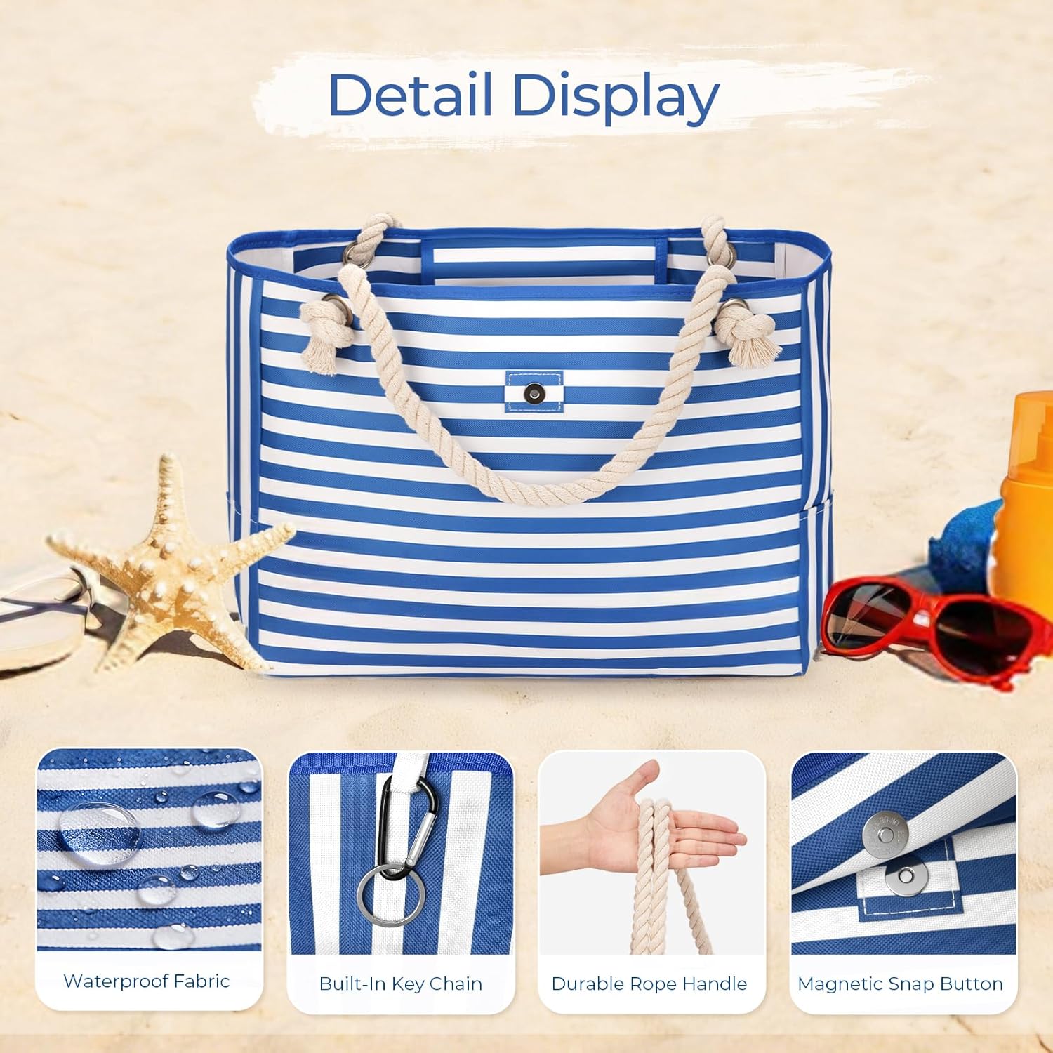 Detalle 2 de Laxee Large Beach Bag for Women: Waterproof 30L Tote with Cosmetic Bag and Extra Pockets