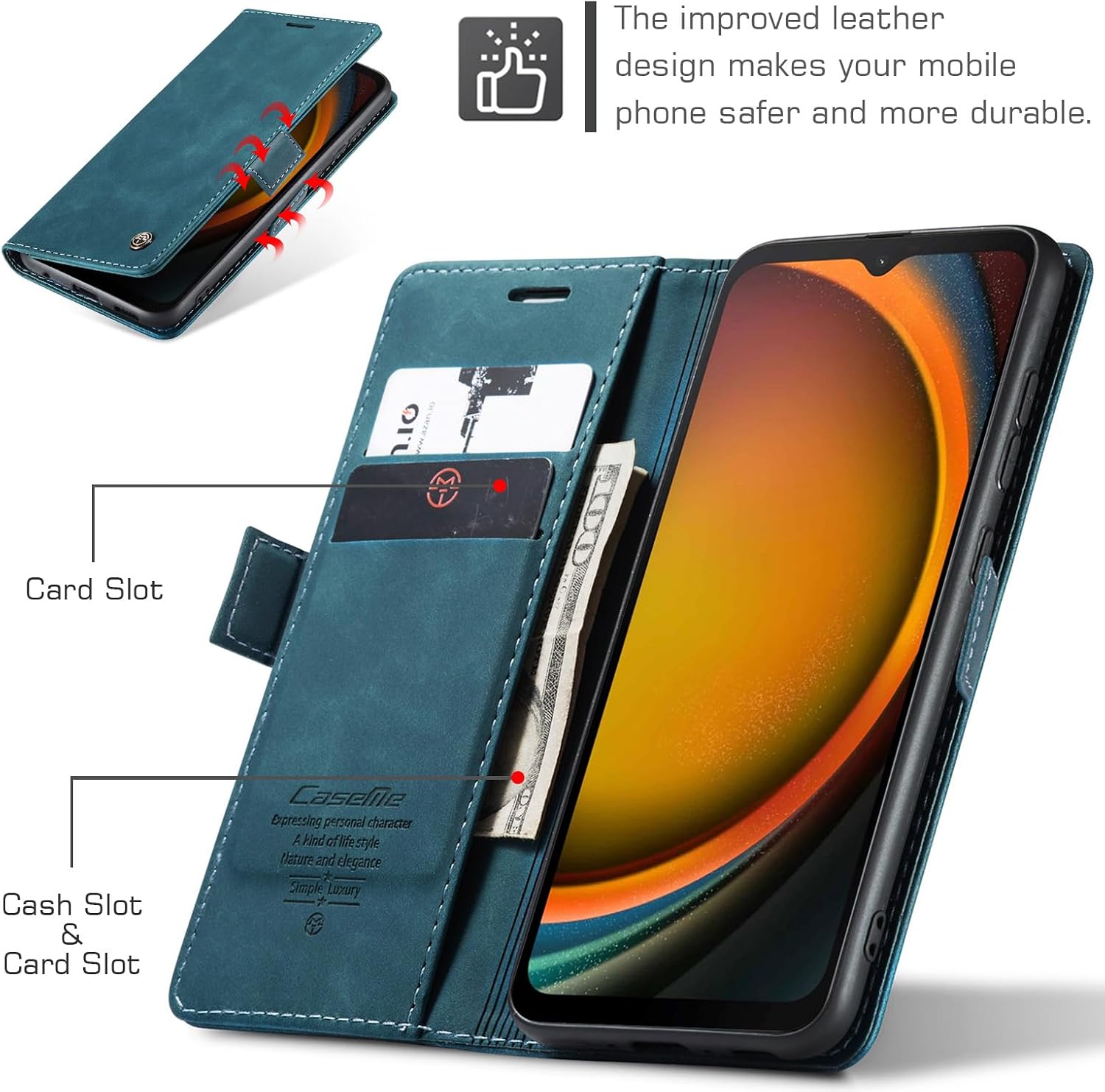Detalle 2 de Phernykas Lederhülle für Samsung Galaxy XCover 7 – Flip Case mit Kartenfach, Magnetverschluss und Standfunktion (Blaugrün)