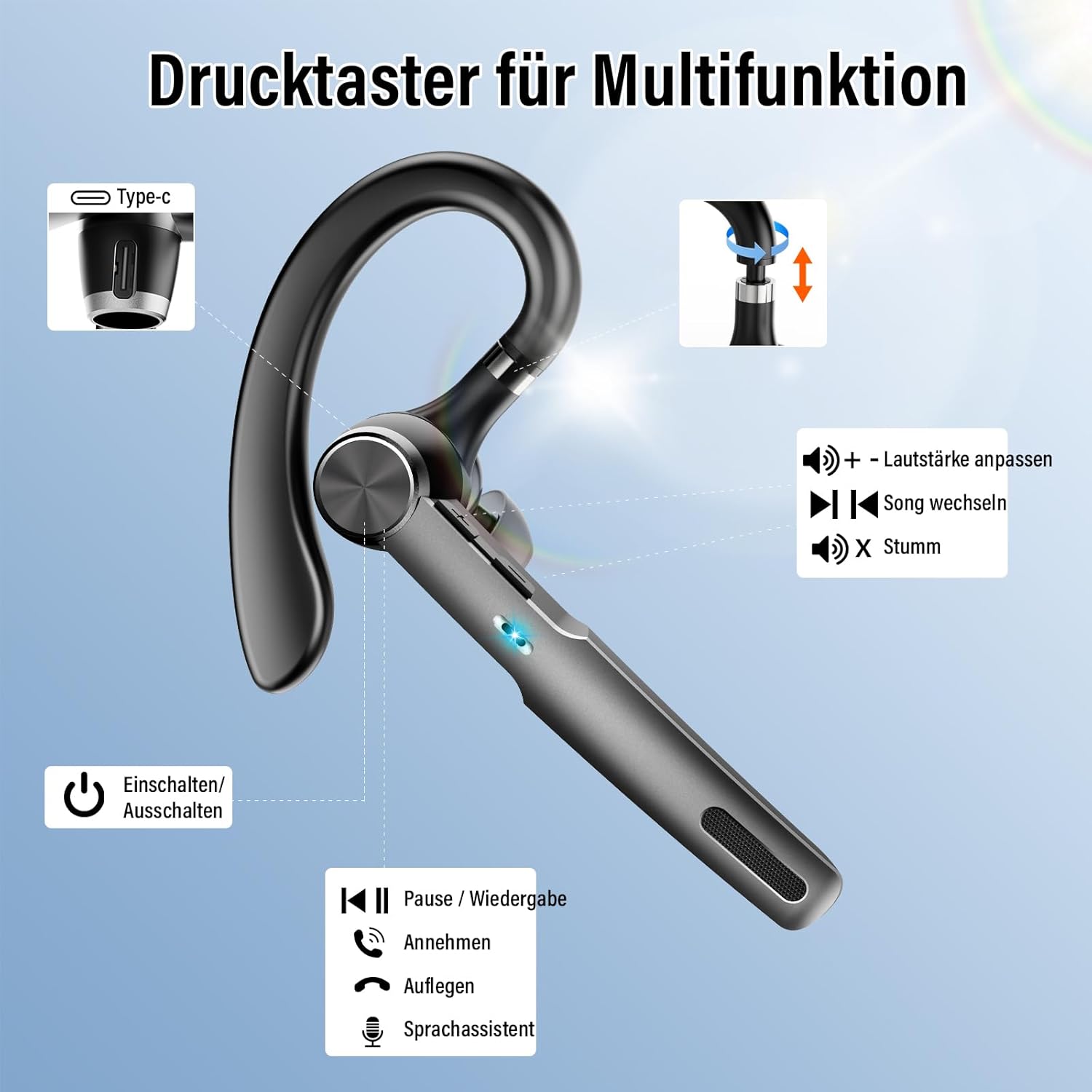Thumbnail 5 de Bluetooth Headset Wireless Freisprech Telefon mit Bluetooth 5.3 und 60H Spielzeit – Dual-ENC Dual-Mikro, mit Ladecase, Schwarz