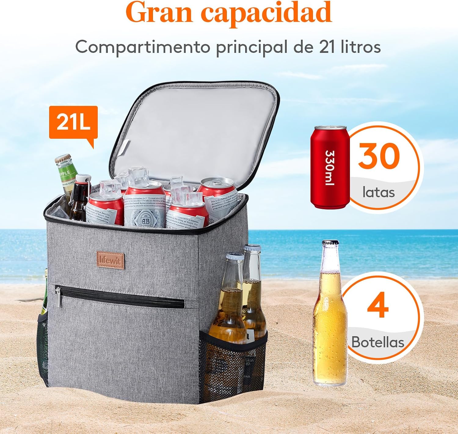 Thumbnail 1 de Lifewit Mochila Nevera 24L (hasta 30 latas) gris: térmica portátil para playa, picnic y trabajo