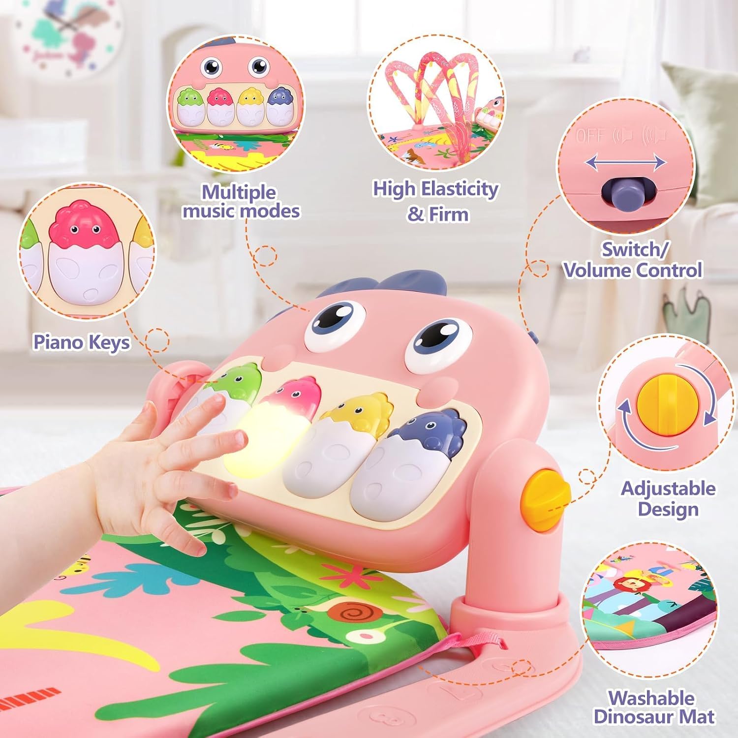 Thumbnail 6 de UMIKU Pink Dinosaur Baby Play Gym Mat with Musical Piano and Activity Toys