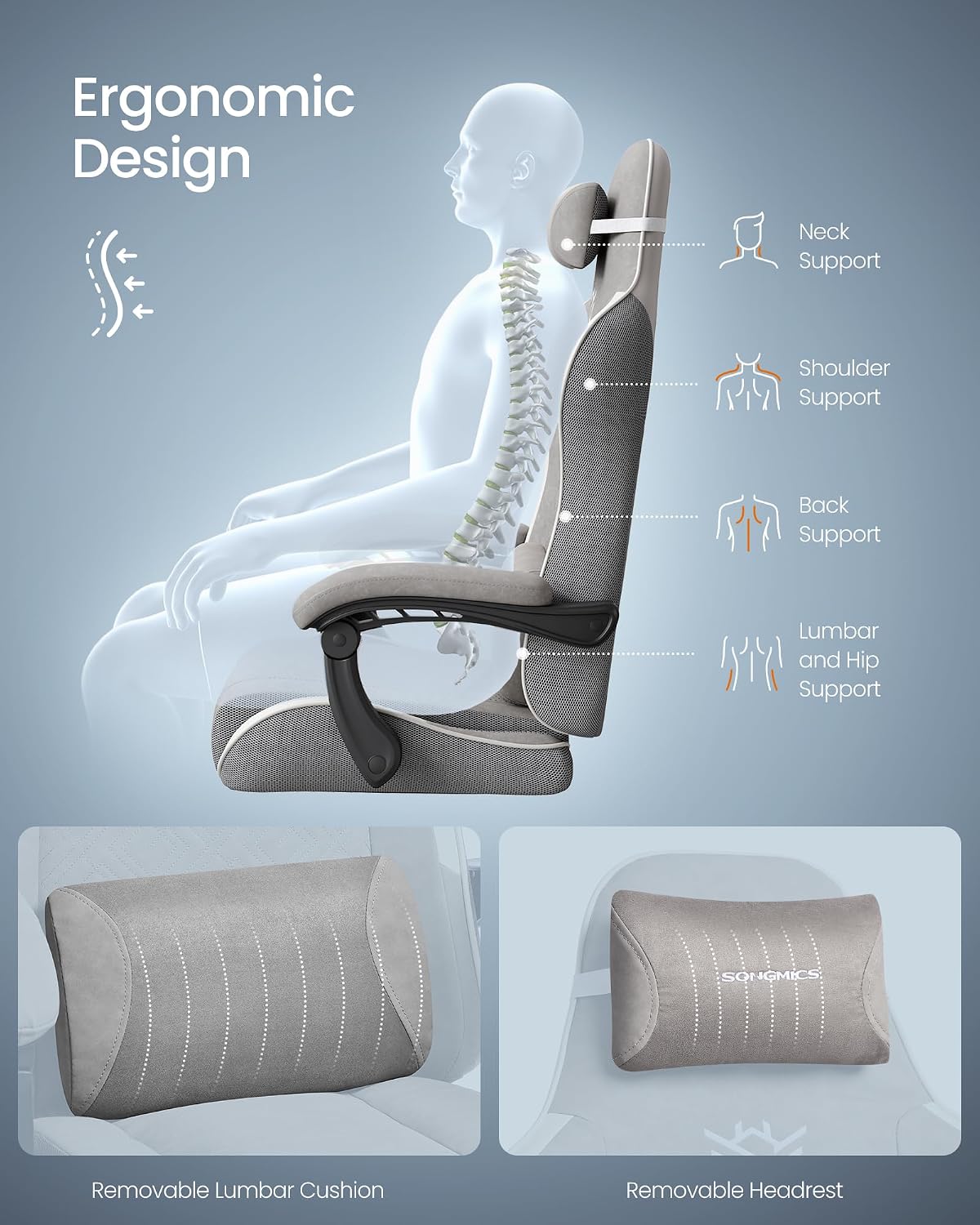 Thumbnail 5 de SONGMICS OBG079GD06 Gaming Chair with Footrest, Spring Seat Cushion & Synchronised Armrests