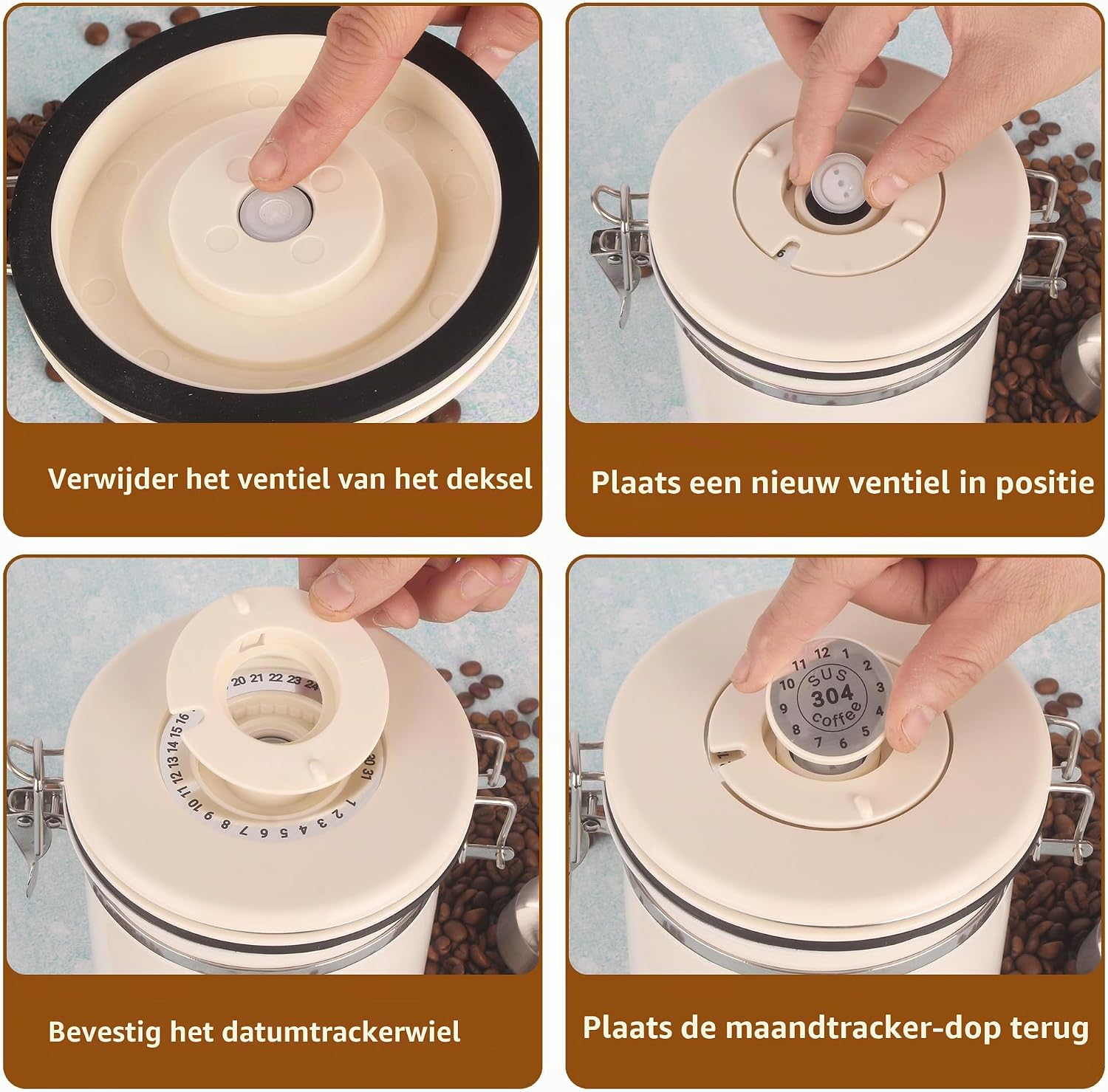 Detalle 1 de ACOMTUO luchtdichte koffiepot 1,8 liter van RVS met datumweergave en CO₂-ventiel
