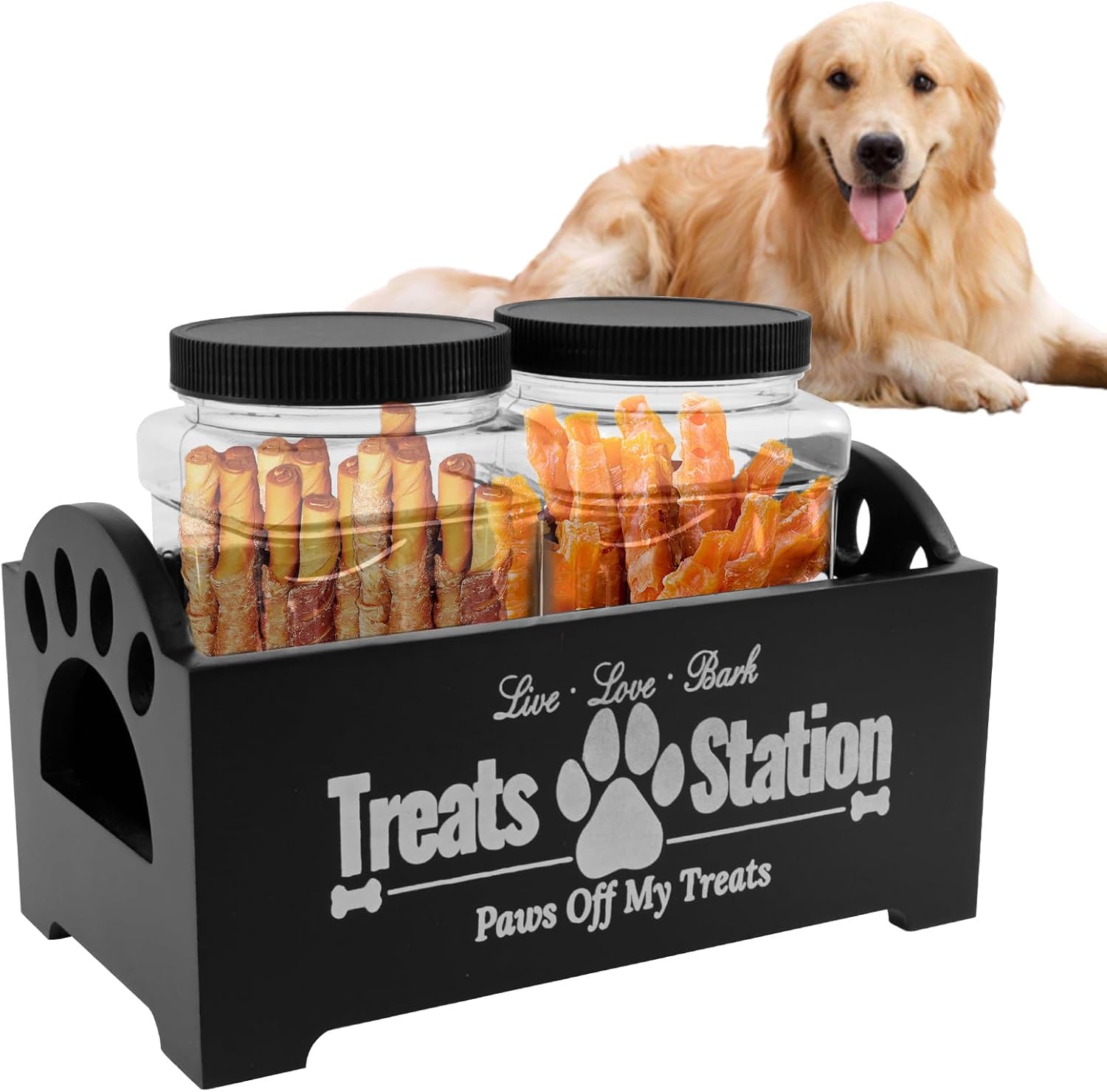 NIHUIFDPY Dog Treat Container – Farmhouse Wood Pet Food Storage with 2 Plastic Jars (Black)