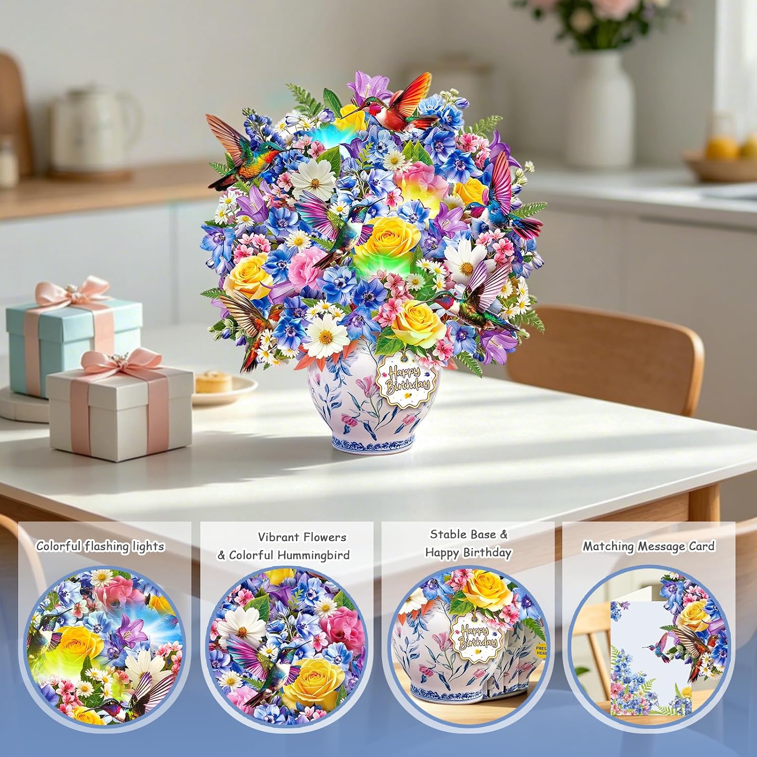 Detalle de Pop Up Birthday Cards for Women: 10.5-Inch Flower Bouquet with Music & Lights