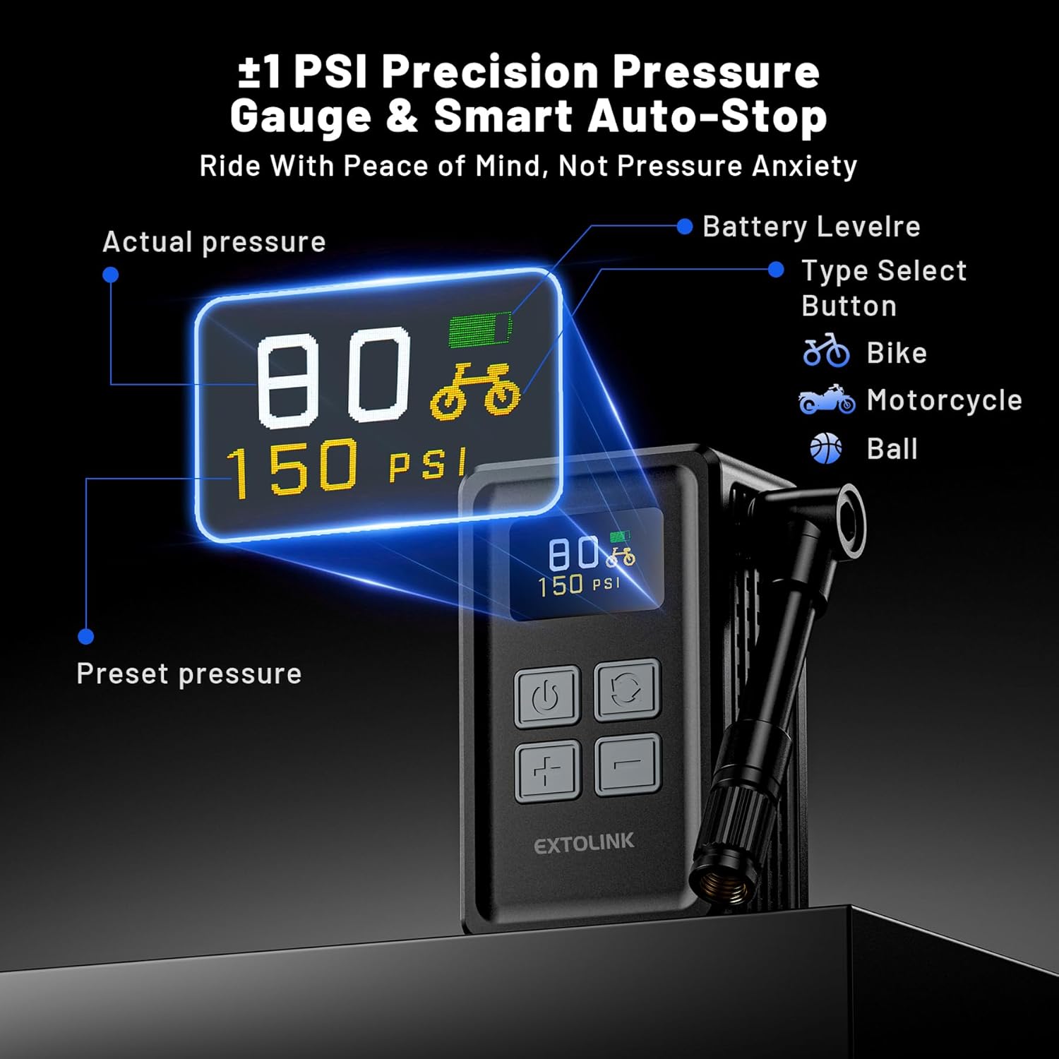 Thumbnail 2 de EXTOLINK Mini pompe vélo électrique 150 PSI avec manomètre numérique et arrêt automatique