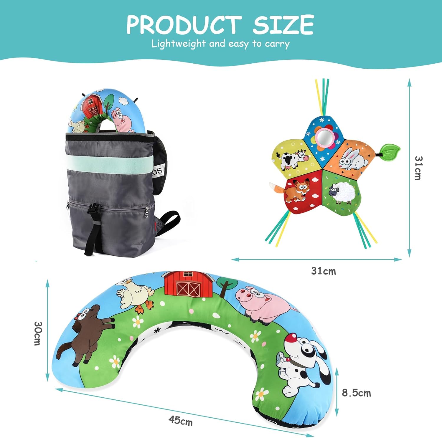 Thumbnail 1 de Vicloon Tummy Time Pillow with Mirror and Teether — Black & White High Contrast Baby Toy Set (Farm) for 0–6 Months