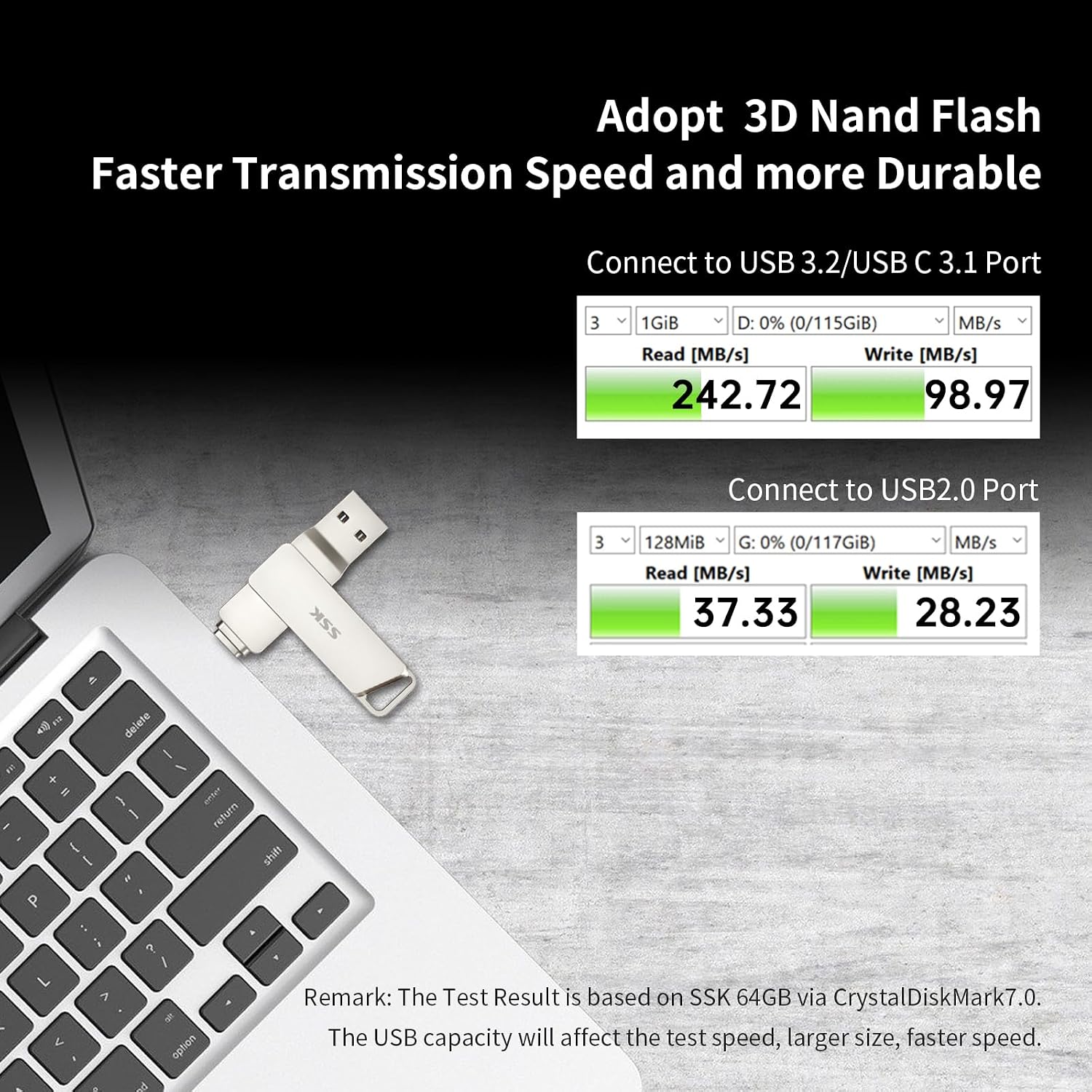 Detalle de SSK 64GB USB C Flash Drive with Dual Connectors (USB-C + USB 3.2) – 200MB/s Read