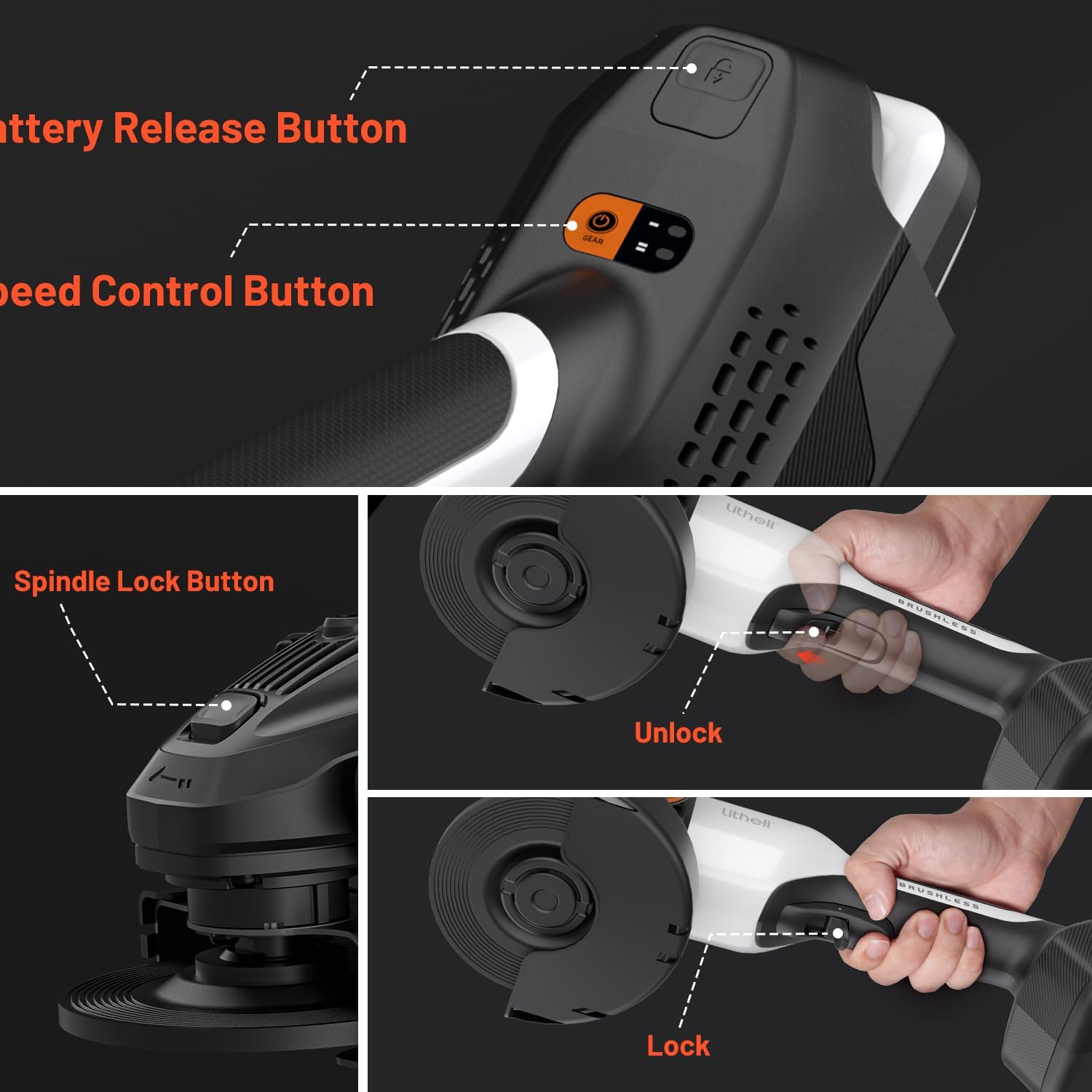 Thumbnail 6 de LiTHELi Angle Grinder, 20V Cordless Brushless Grinder with 4.0 Ah Battery