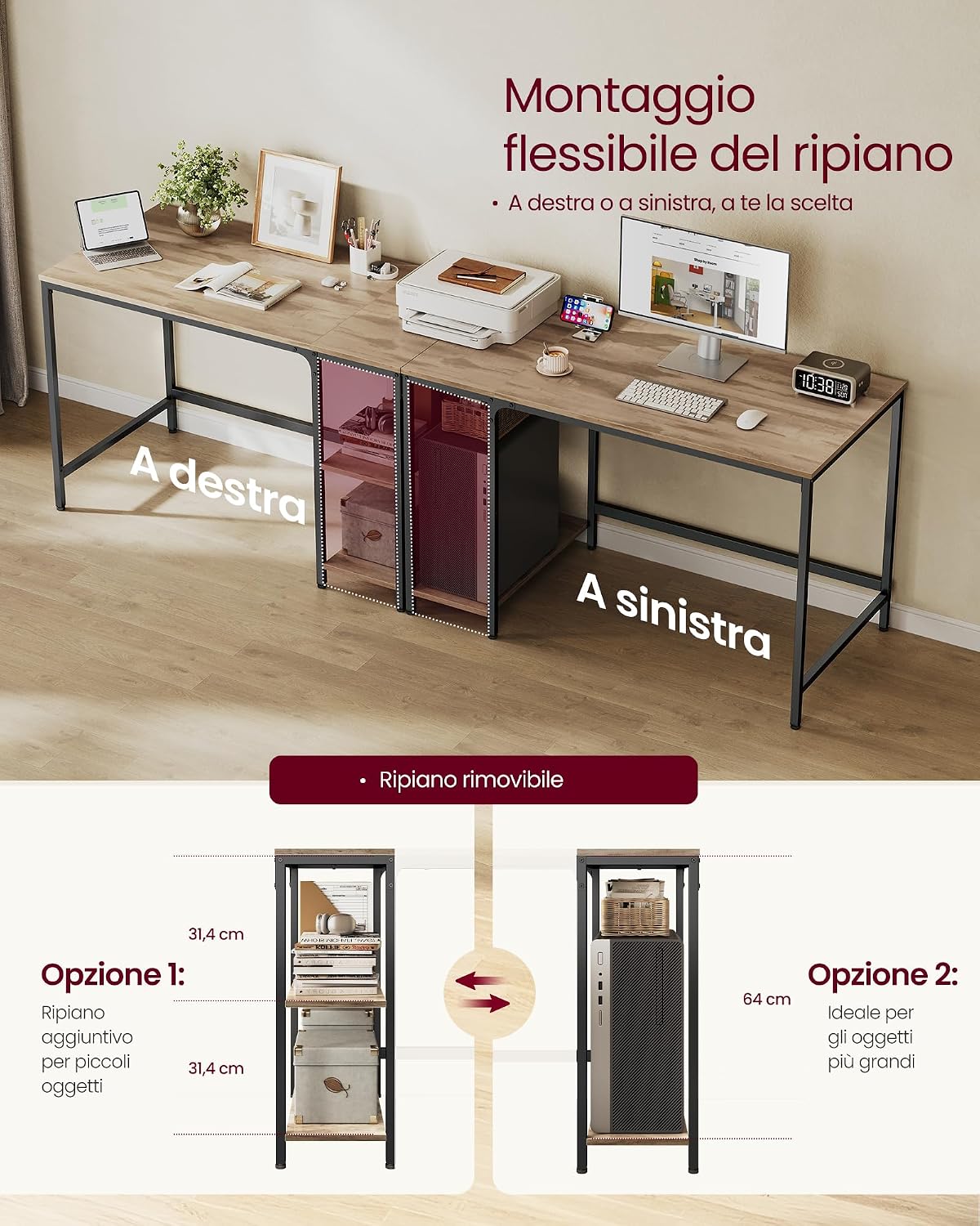 Detalle de VASAGLE Scrivania per Computer LWD047K01 – Scrivania moderna 120 x 60 cm in Marrone Cammello e Nero